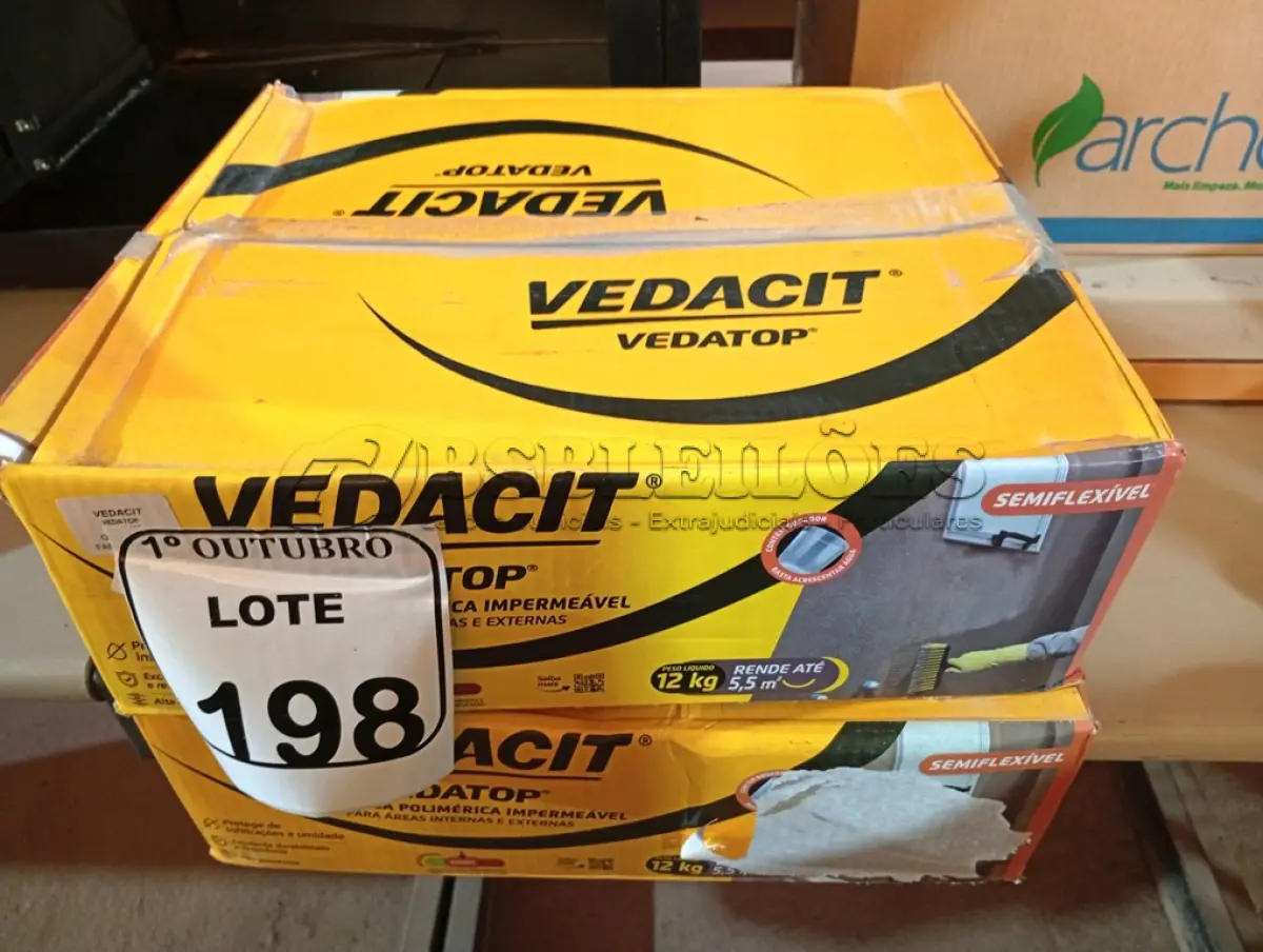 LOTE 198 - 02 CAIXAS DE VEDACIT ARGAMASSA POLIMÉRICA IMPERMEÁVEL 12KG CADA. (NO ESTADO) ATENÇÃO! FAZER A VISITAÇÃO ANTES DE ARREMATAR, NÃO SABEMOS SE FUNCIONA. LEILÃO NÃO TEM GARANTIA E NEM DEVOLUÇÃO, SUJEITO A POSSÍVEIS AVARIAS VISÍVEIS/OCULTAS E/OU AUSÊNCIA DE COMPONENTES.