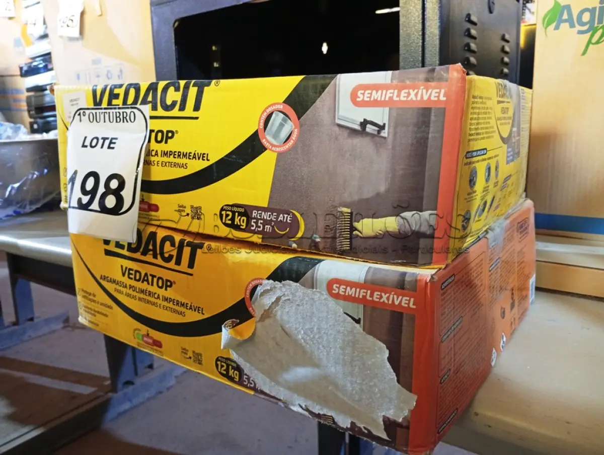 LOTE 198 - 02 CAIXAS DE VEDACIT ARGAMASSA POLIMÉRICA IMPERMEÁVEL 12KG CADA. (NO ESTADO) ATENÇÃO! FAZER A VISITAÇÃO ANTES DE ARREMATAR, NÃO SABEMOS SE FUNCIONA. LEILÃO NÃO TEM GARANTIA E NEM DEVOLUÇÃO, SUJEITO A POSSÍVEIS AVARIAS VISÍVEIS/OCULTAS E/OU AUSÊNCIA DE COMPONENTES.