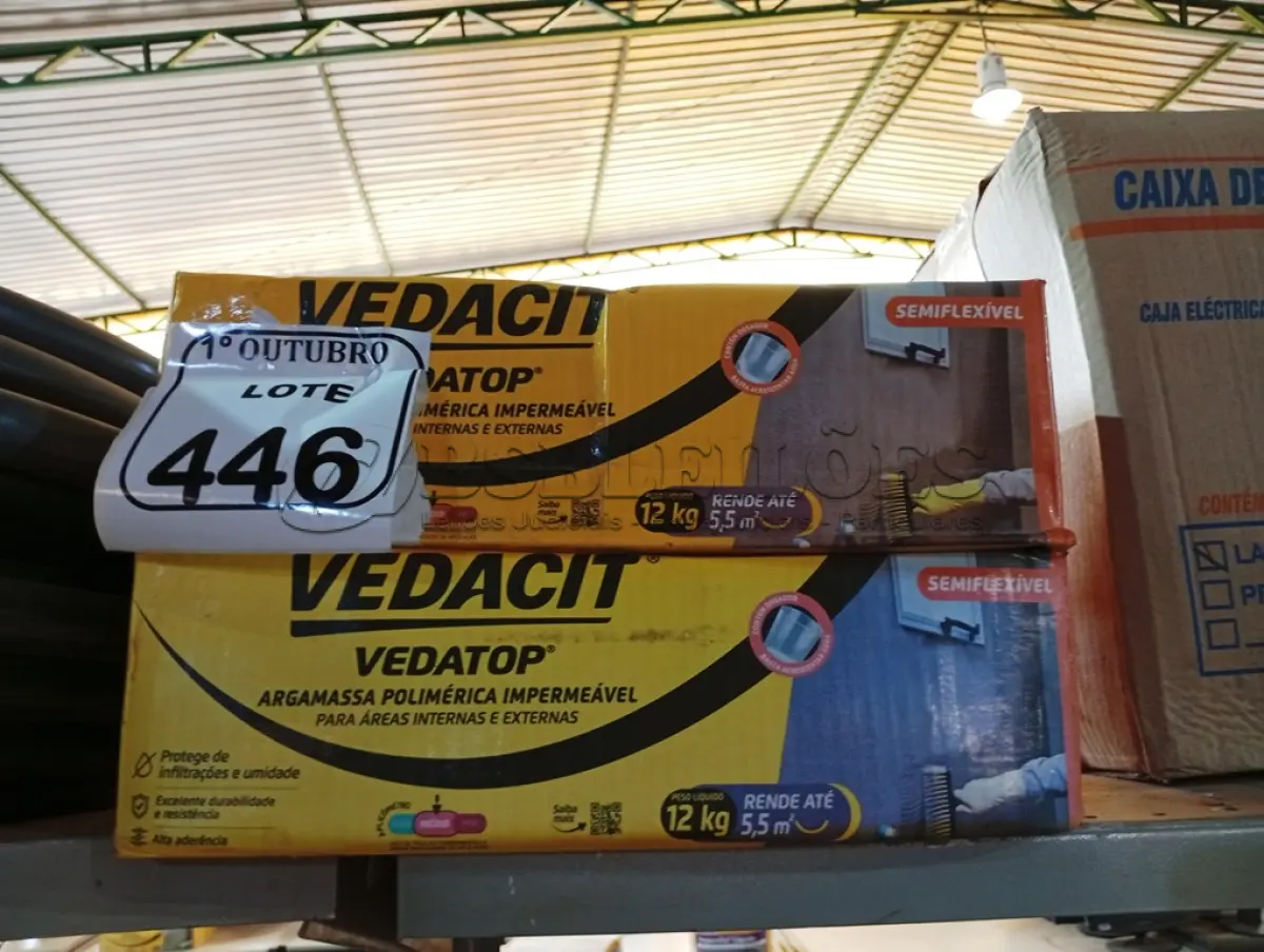 LOTE 446 - 02 CAIXAS DE VEDATOP ARGAMASSA POLIMÉRICA IMPERMEÁVEL 12KG. (NO ESTADO) ATENÇÃO! FAZER A VISITAÇÃO ANTES DE ARREMATAR, NÃO SABEMOS SE FUNCIONA. LEILÃO NÃO TEM GARANTIA E NEM DEVOLUÇÃO, SUJEITO A POSSÍVEIS AVARIAS VISÍVEIS/OCULTAS E/OU AUSÊNCIA DE COMPONENTES.