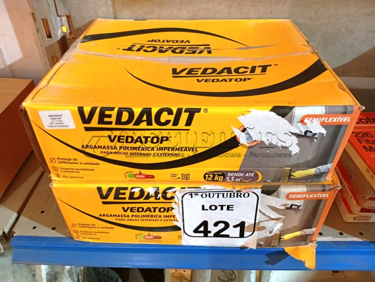 LOTE 421 - 02 CAIXAS DE VEDACIT ARGAMASSA POLIMÉRICA IMPERMEÁVEL 12KG CADA. (NO ESTADO) ATENÇÃO! FAZER A VISITAÇÃO ANTES DE ARREMATAR, NÃO SABEMOS SE FUNCIONA. LEILÃO NÃO TEM GARANTIA E NEM DEVOLUÇÃO, SUJEITO A POSSÍVEIS AVARIAS VISÍVEIS/OCULTAS E/OU AUSÊNCIA DE COMPONENTES.