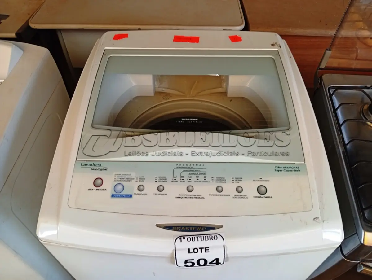 LOTE 504 - 01 MÁQUINA DE LAVAR ROUPAS BRASTEMP. (NO ESTADO) ATENÇÃO! FAZER A VISITAÇÃO ANTES DE ARREMATAR, NÃO SABEMOS SE FUNCIONA. LEILÃO NÃO TEM GARANTIA E NEM DEVOLUÇÃO, SUJEITO A POSSÍVEIS AVARIAS VISÍVEIS/OCULTAS E/OU AUSÊNCIA DE COMPONENTES.