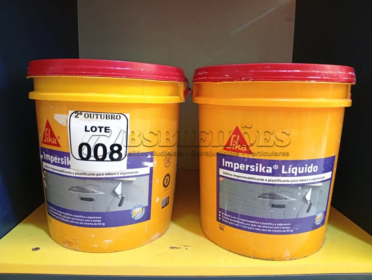 LOTE 008 - 02 BALDES DE IMPERSIKA LÍQUIDO ADITIVO IMPERMEABILIZANTE E PLASTIFICANTE PARA REBOCO E ARGAMASSA DE 18L CADA. (NO ESTADO) ATENÇÃO! FAZER A VISITAÇÃO ANTES DE ARREMATAR, NÃO SABEMOS SE FUNCIONA. LEILÃO NÃO TEM GARANTIA E NEM DEVOLUÇÃO, SUJEITO A POSSÍVEIS AVARIAS VISÍVEIS/OCULTAS E/OU AUSÊNCIA DE COMPONENTES.