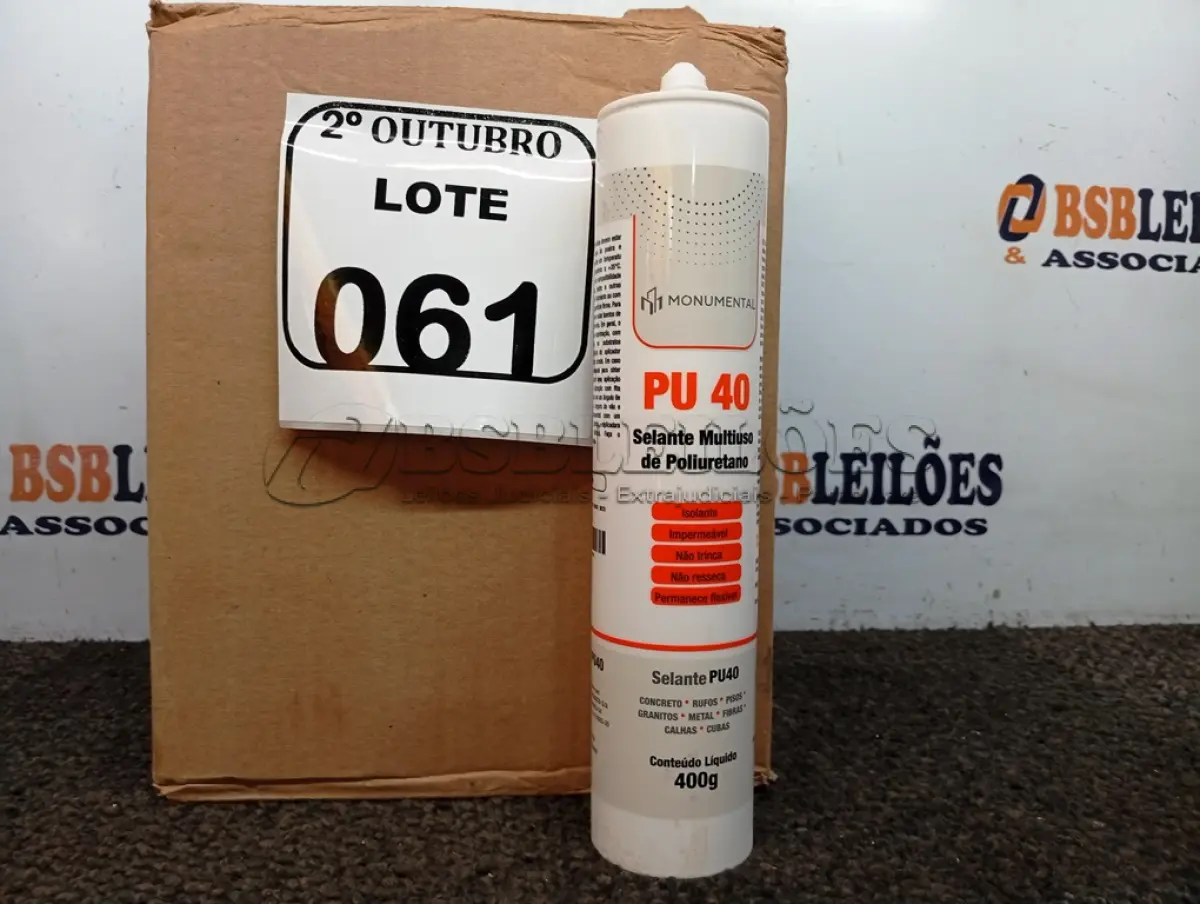 LOTE 061 - 12 SELANTES PU-40 MULTIUSO DE POLIURETANO. (NO ESTADO) ATENÇÃO! FAZER A VISITAÇÃO ANTES DE ARREMATAR, NÃO SABEMOS SE FUNCIONA. LEILÃO NÃO TEM GARANTIA E NEM DEVOLUÇÃO, SUJEITO A POSSÍVEIS AVARIAS VISÍVEIS/OCULTAS E/OU AUSÊNCIA DE COMPONENTES.