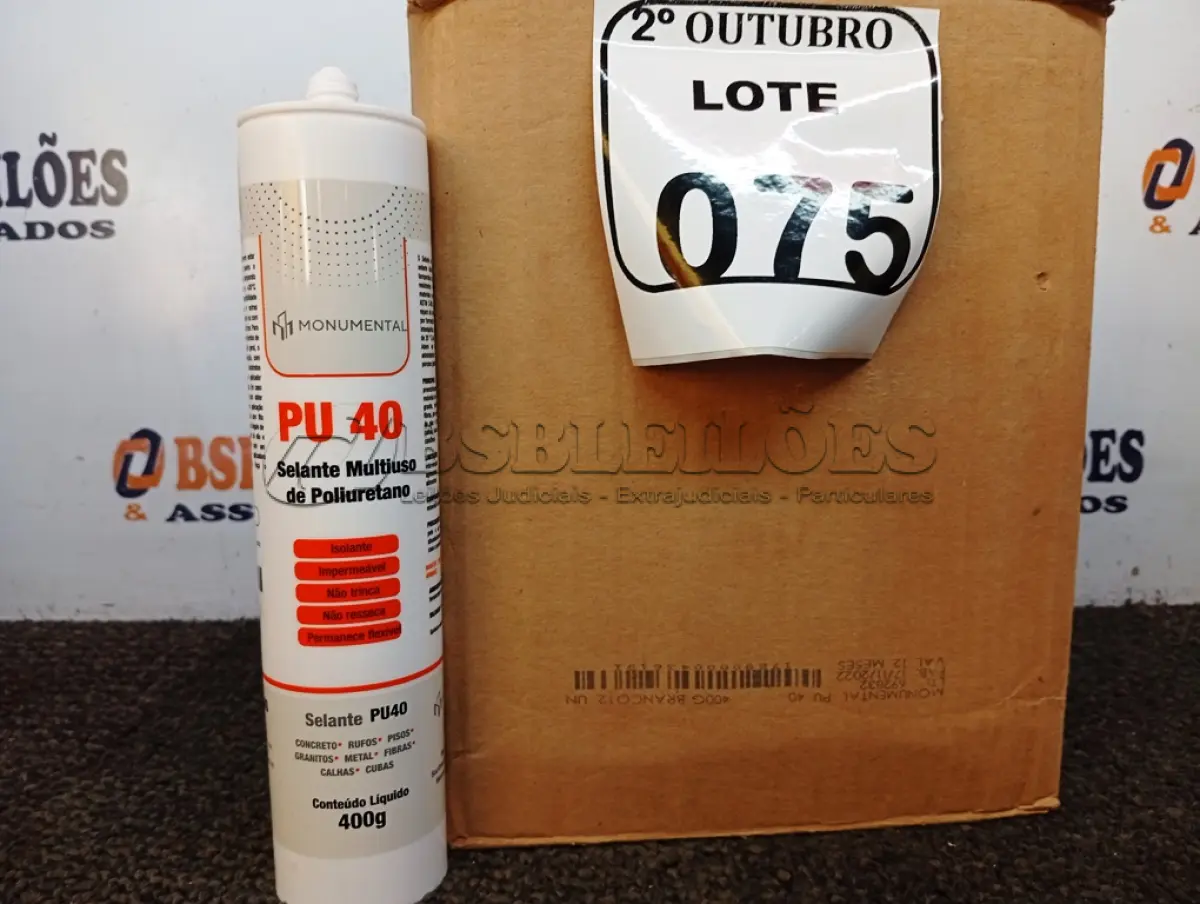 LOTE 075 - 12 SELANTES PU-40 MULTIUSO DE POLIURETANO. (NO ESTADO) ATENÇÃO! FAZER A VISITAÇÃO ANTES DE ARREMATAR, NÃO SABEMOS SE FUNCIONA. LEILÃO NÃO TEM GARANTIA E NEM DEVOLUÇÃO, SUJEITO A POSSÍVEIS AVARIAS VISÍVEIS/OCULTAS E/OU AUSÊNCIA DE COMPONENTES.