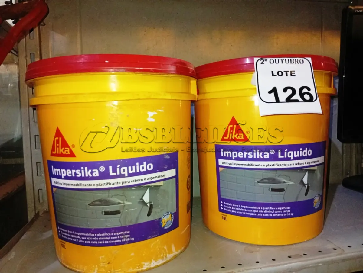 LOTE 126 - 02 BALDES DE IMPERSIKA LIQUIDO ADITIVO IMPERMEABILIZANTE E PLASTIFICANTE P REBOCO E ARGAMASSA DE 18L CADA. (NO ESTADO) ATENÇÃO! FAZER A VISITAÇÃO ANTES DE ARREMATAR, NÃO SABEMOS SE FUNCIONA. LEILÃO NÃO TEM GARANTIA E NEM DEVOLUÇÃO, SUJEITO A POSSÍVEIS AVARIAS VISÍVEIS/OCULTAS E/OU AUSÊNCIA DE COMPONENTES.