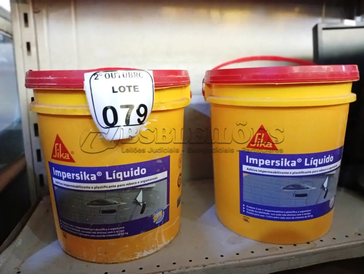 LOTE 079 - 02 BALDES DE IMPERSIKA LÍQUIDO ADITIVO PLASTIFICANTE PARA ARGAMASSA DE ASSENTAMENTO E REBOCO, 18 LITROS CADA. (NO ESTADO) ATENÇÃO! FAZER A VISITAÇÃO ANTES DE ARREMATAR, NÃO SABEMOS SE FUNCIONA. LEILÃO NÃO TEM GARANTIA E NEM DEVOLUÇÃO, SUJEITO A POSSÍVEIS AVARIAS VISÍVEIS/OCULTAS E/OU AUSÊNCIA DE COMPONENTES