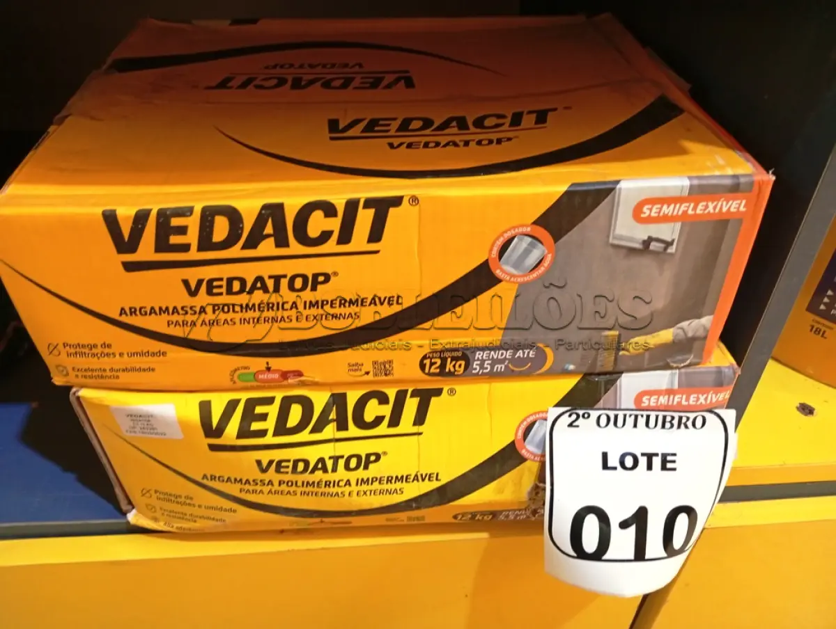 LOTE 010 - 02 CAIXAS DE VEDACIT ARGAMASSA POLIMÉRICA IMPERMEÁVEL. (NO ESTADO) ATENÇÃO! FAZER A VISITAÇÃO ANTES DE ARREMATAR, NÃO SABEMOS SE FUNCIONA. LEILÃO NÃO TEM GARANTIA E NEM DEVOLUÇÃO, SUJEITO A POSSÍVEIS AVARIAS VISÍVEIS/OCULTAS E/OU AUSÊNCIA DE COMPONENTES.