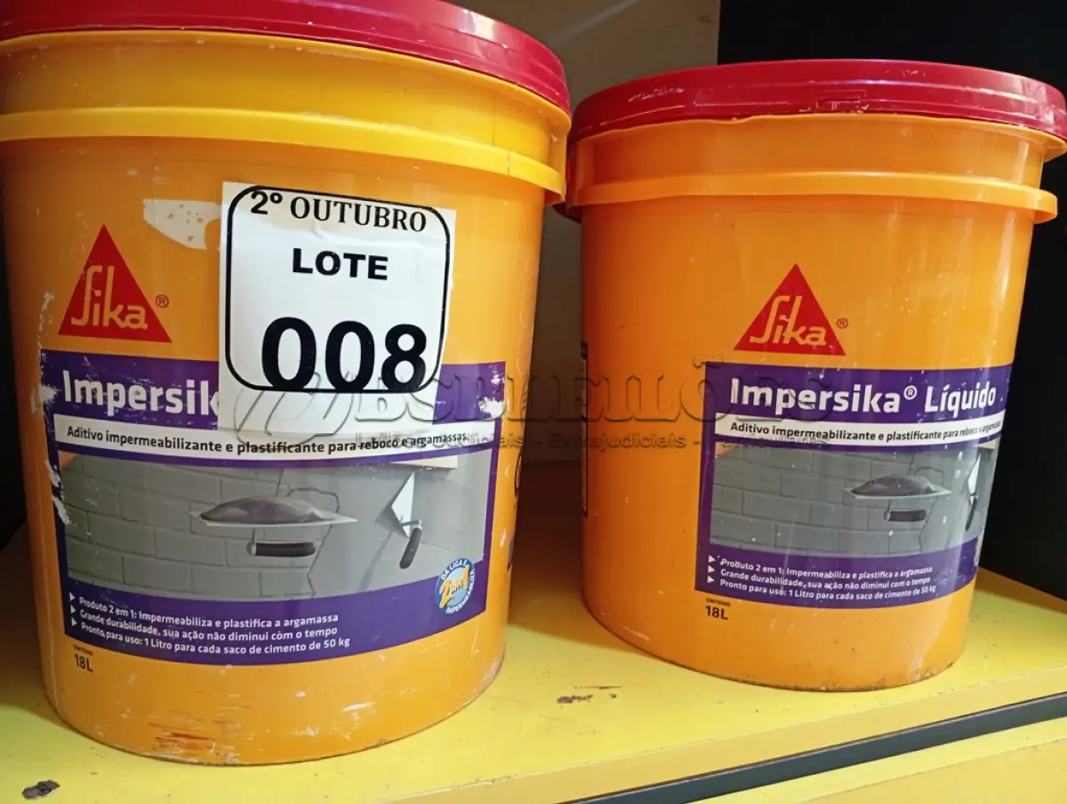 LOTE 008 - 02 BALDES DE IMPERSIKA LÍQUIDO ADITIVO IMPERMEABILIZANTE E PLASTIFICANTE PARA REBOCO E ARGAMASSA DE 18L CADA. (NO ESTADO) ATENÇÃO! FAZER A VISITAÇÃO ANTES DE ARREMATAR, NÃO SABEMOS SE FUNCIONA. LEILÃO NÃO TEM GARANTIA E NEM DEVOLUÇÃO, SUJEITO A POSSÍVEIS AVARIAS VISÍVEIS/OCULTAS E/OU AUSÊNCIA DE COMPONENTES.