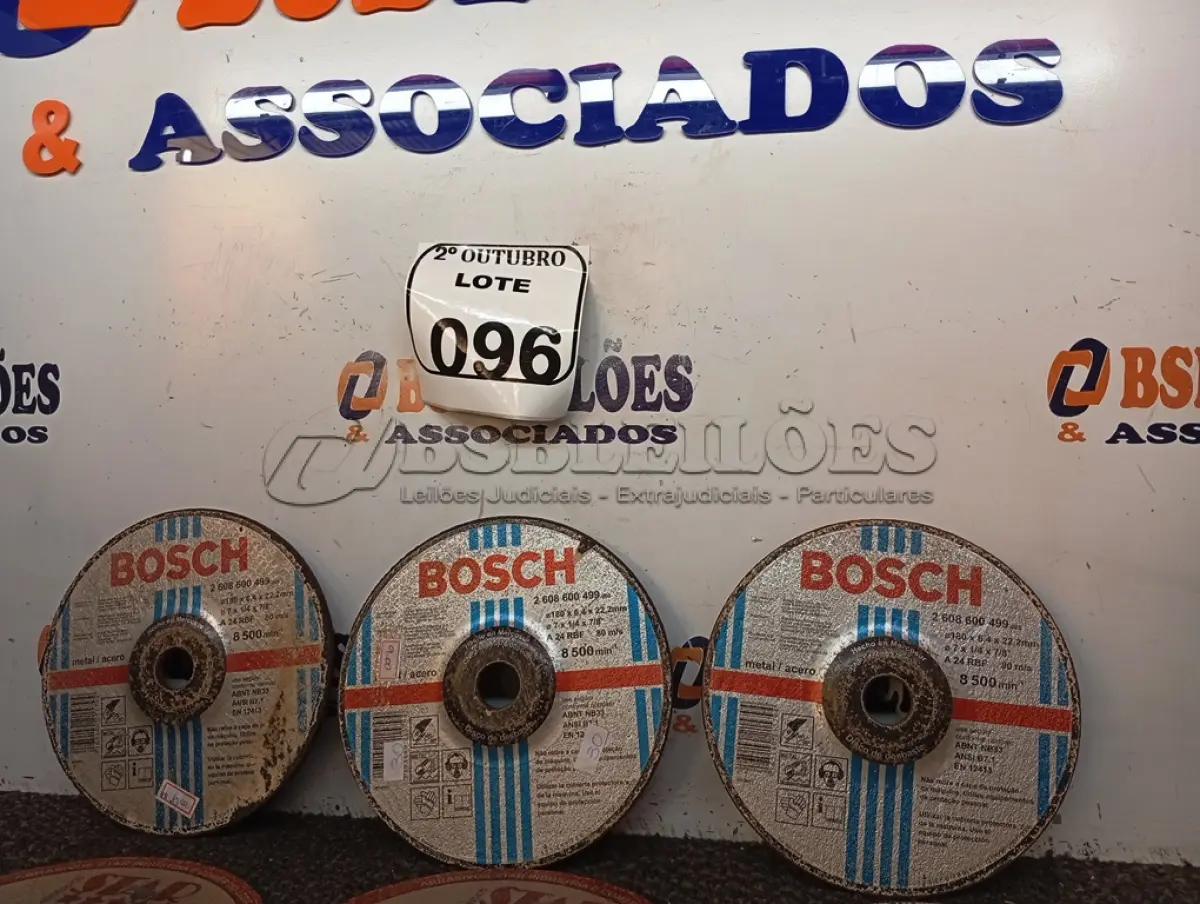 LOTE 096 - 10 DISCOS DE DESBASTE DIVERSOS. (NO ESTADO) ATENÇÃO! FAZER A VISITAÇÃO ANTES DE ARREMATAR, NÃO SABEMOS SE FUNCIONA. LEILÃO NÃO TEM GARANTIA E NEM DEVOLUÇÃO, SUJEITO A POSSÍVEIS AVARIAS VISÍVEIS/OCULTAS E/OU AUSÊNCIA DE COMPONENTES.