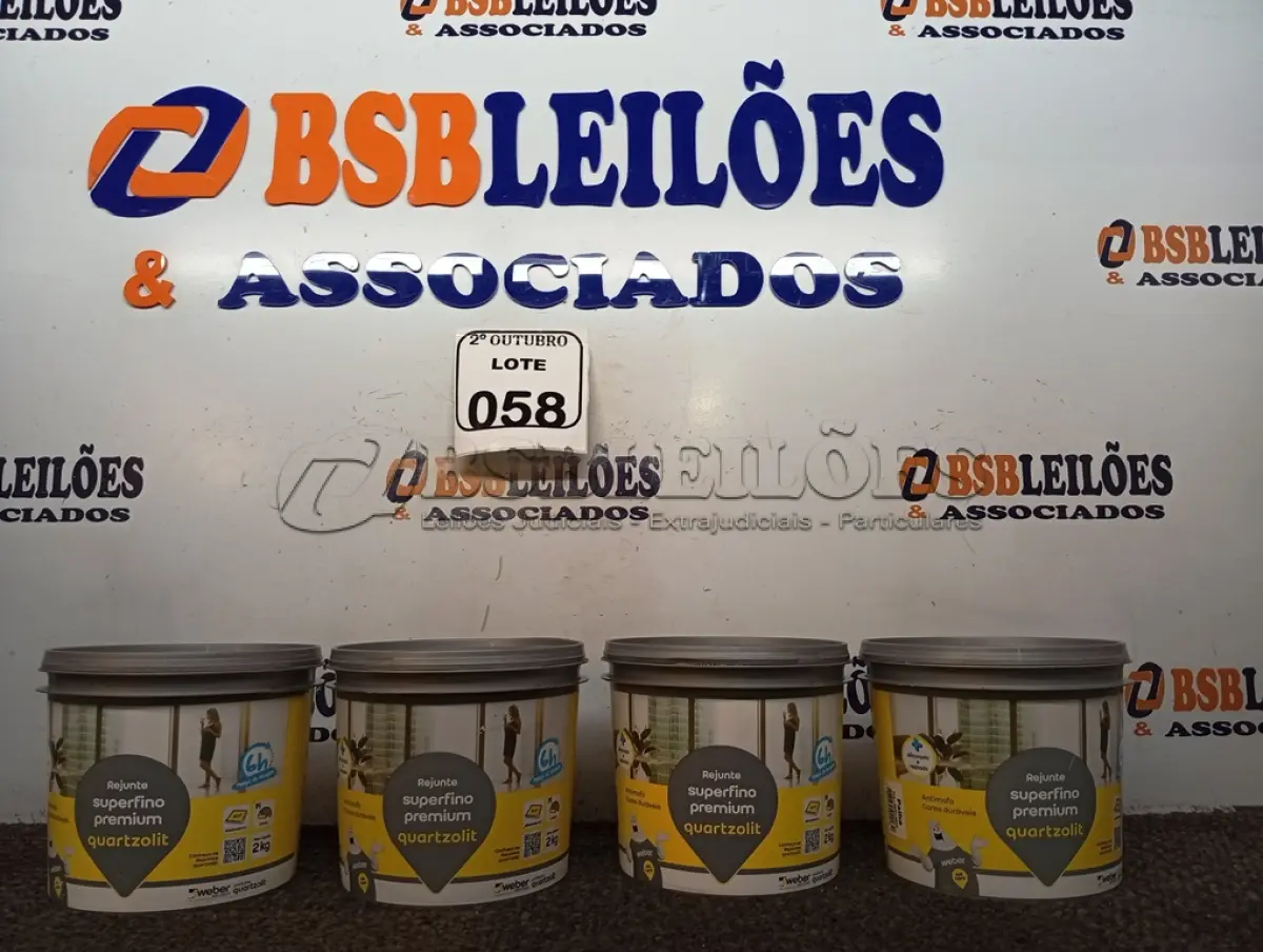 LOTE 058 - 04 POTES DE REJUNTE SUPERFINO PREMIUM QUARTZOLIT DE 2KG CADA. (NO ESTADO) ATENÇÃO! FAZER A VISITAÇÃO ANTES DE ARREMATAR, NÃO SABEMOS SE FUNCIONA. LEILÃO NÃO TEM GARANTIA E NEM DEVOLUÇÃO, SUJEITO A POSSÍVEIS AVARIAS VISÍVEIS/OCULTAS E/OU AUSÊNCIA DE COMPONENTES.