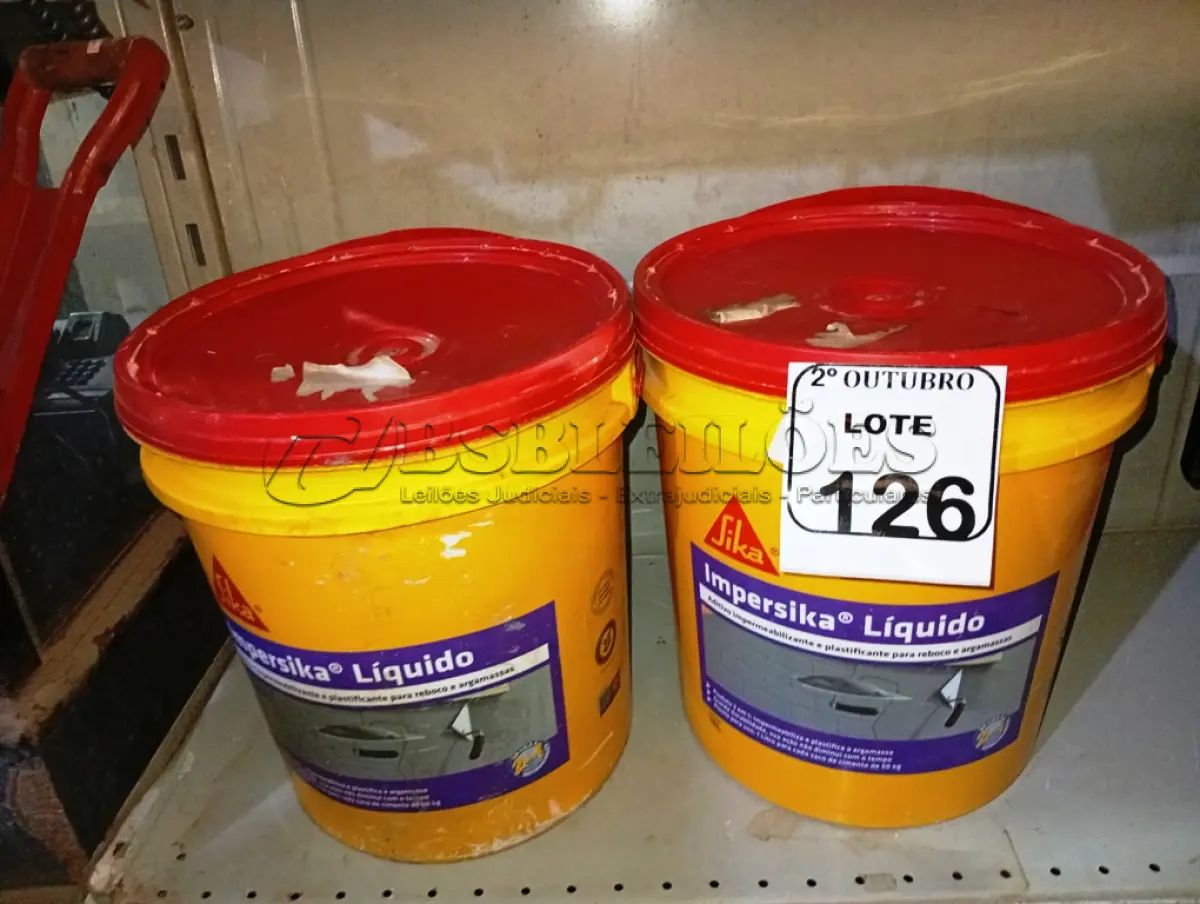 LOTE 126 - 02 BALDES DE IMPERSIKA LIQUIDO ADITIVO IMPERMEABILIZANTE E PLASTIFICANTE P REBOCO E ARGAMASSA DE 18L CADA. (NO ESTADO) ATENÇÃO! FAZER A VISITAÇÃO ANTES DE ARREMATAR, NÃO SABEMOS SE FUNCIONA. LEILÃO NÃO TEM GARANTIA E NEM DEVOLUÇÃO, SUJEITO A POSSÍVEIS AVARIAS VISÍVEIS/OCULTAS E/OU AUSÊNCIA DE COMPONENTES.