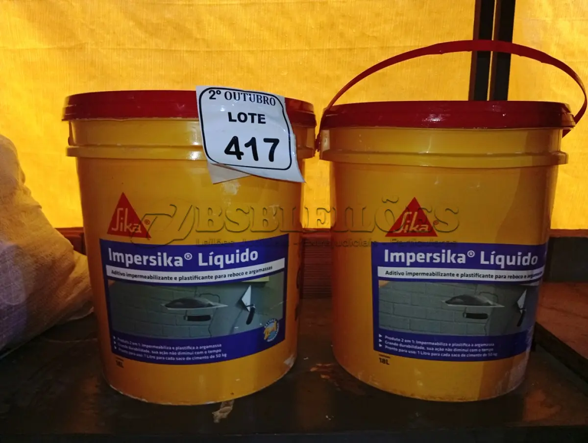 LOTE 417 - 02 BALDES DE IMPERSIKA LIQUIDO ADITIVO IMPERMEABILIZANTE E PLASTIFICANTE P REBOCO E ARGAMASSA DE 18L CADA. (NO ESTADO) ATENÇÃO! FAZER A VISITAÇÃO ANTES DE ARREMATAR, NÃO SABEMOS SE FUNCIONA. LEILÃO NÃO TEM GARANTIA E NEM DEVOLUÇÃO, SUJEITO A POSSÍVEIS AVARIAS VISÍVEIS/OCULTAS E/OU AUSÊNCIA DE COMPONENTES.