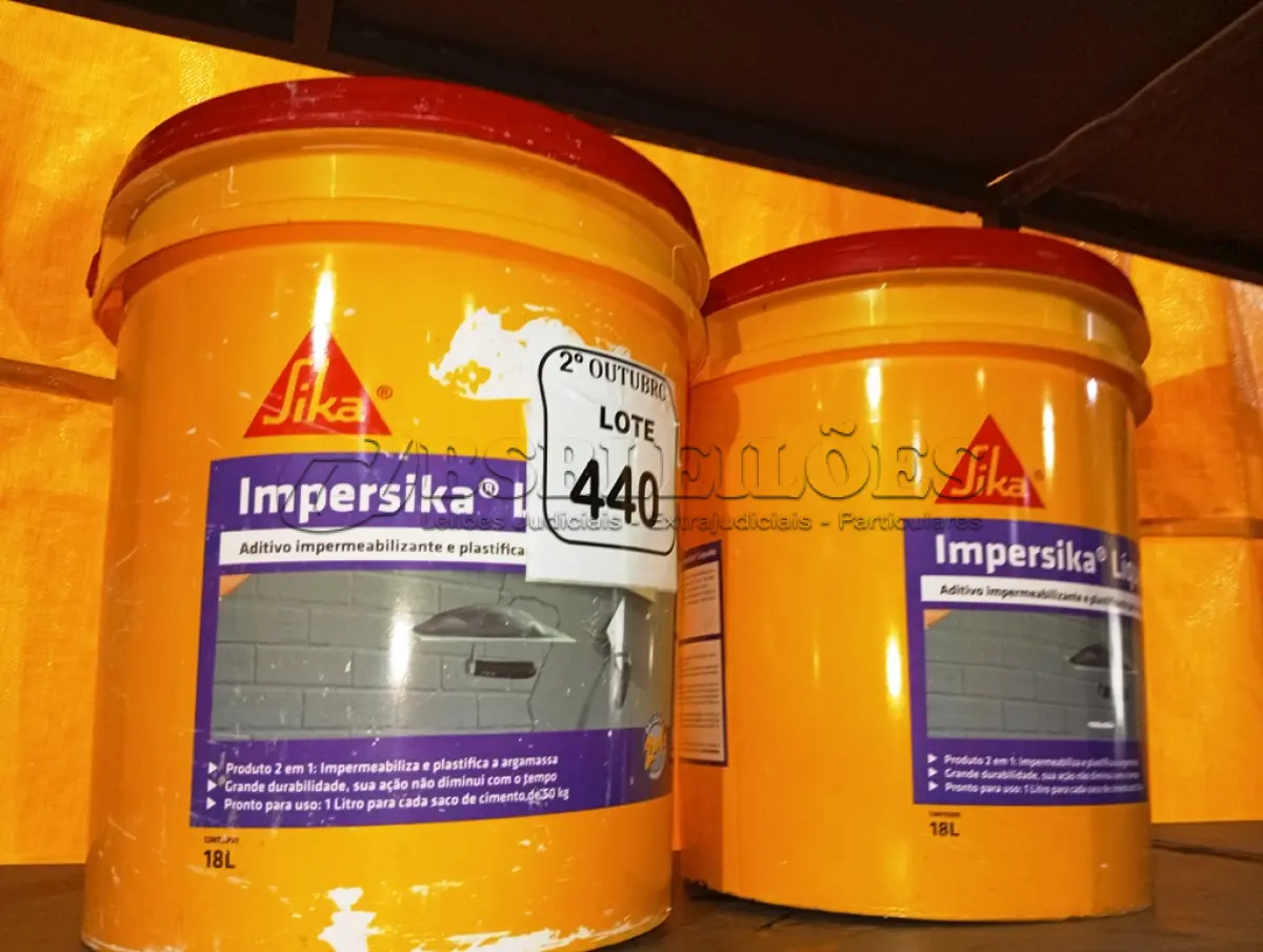LOTE 440 - 02 BALDES DE IMPERSIKA LIQUIDO ADITIVO IMPERMEABILIZANTE E PLASTIFICANTE P REBOCO E ARGAMASSA DE 18L CADA. (NO ESTADO) ATENÇÃO! FAZER A VISITAÇÃO ANTES DE ARREMATAR, NÃO SABEMOS SE FUNCIONA. LEILÃO NÃO TEM GARANTIA E NEM DEVOLUÇÃO, SUJEITO A POSSÍVEIS AVARIAS VISÍVEIS/OCULTAS E/OU AUSÊNCIA DE COMPONENTES.