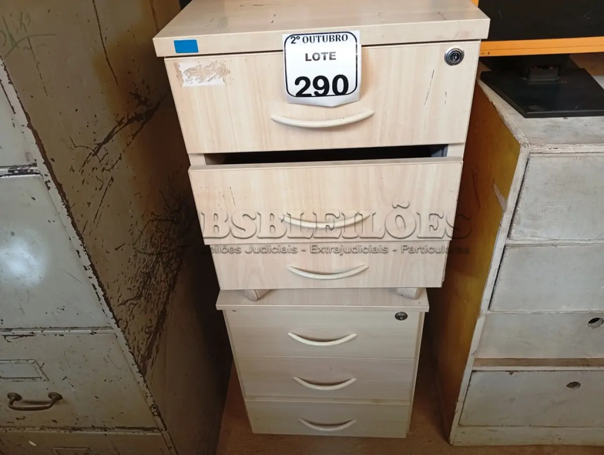 LOTE 290 - 02 GAVETEIROS COM 03 GAVETAS CADA. (NO ESTADO) ATENÇÃO! FAZER A VISITAÇÃO ANTES DE ARREMATAR, NÃO SABEMOS SE FUNCIONA. LEILÃO NÃO TEM GARANTIA E NEM DEVOLUÇÃO, SUJEITO A POSSÍVEIS AVARIAS VISÍVEIS/OCULTAS E/OU AUSÊNCIA DE COMPONENTES.