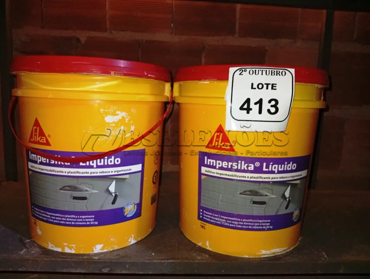 LOTE 413 - 02 BALDES DE IMPERSIKA LIQUIDO ADITIVO IMPERMEABILIZANTE E PLASTIFICANTE P REBOCO E ARGAMASSA DE 18L CADA. (NO ESTADO) ATENÇÃO! FAZER A VISITAÇÃO ANTES DE ARREMATAR, NÃO SABEMOS SE FUNCIONA. LEILÃO NÃO TEM GARANTIA E NEM DEVOLUÇÃO, SUJEITO A POSSÍVEIS AVARIAS VISÍVEIS/OCULTAS E/OU AUSÊNCIA DE COMPONENTES.
