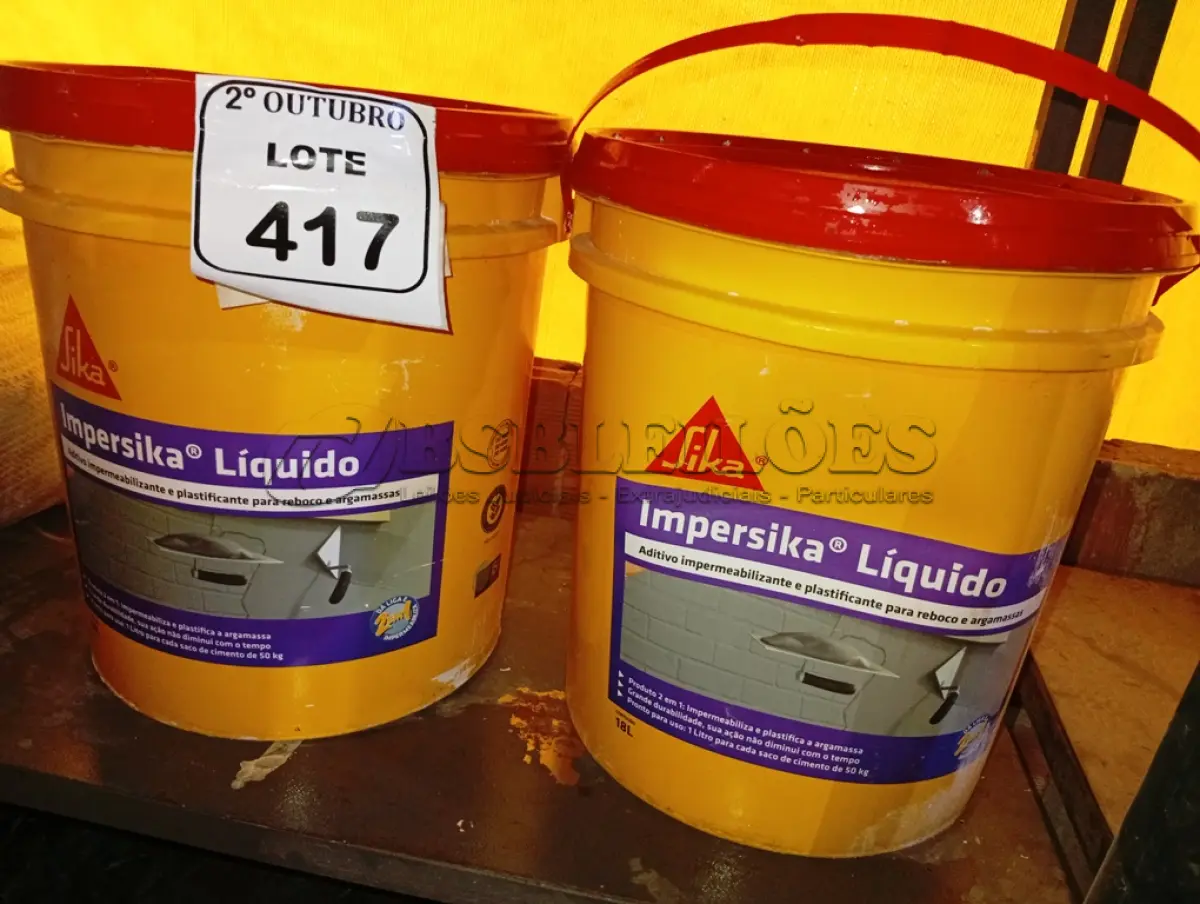 LOTE 417 - 02 BALDES DE IMPERSIKA LIQUIDO ADITIVO IMPERMEABILIZANTE E PLASTIFICANTE P REBOCO E ARGAMASSA DE 18L CADA. (NO ESTADO) ATENÇÃO! FAZER A VISITAÇÃO ANTES DE ARREMATAR, NÃO SABEMOS SE FUNCIONA. LEILÃO NÃO TEM GARANTIA E NEM DEVOLUÇÃO, SUJEITO A POSSÍVEIS AVARIAS VISÍVEIS/OCULTAS E/OU AUSÊNCIA DE COMPONENTES.
