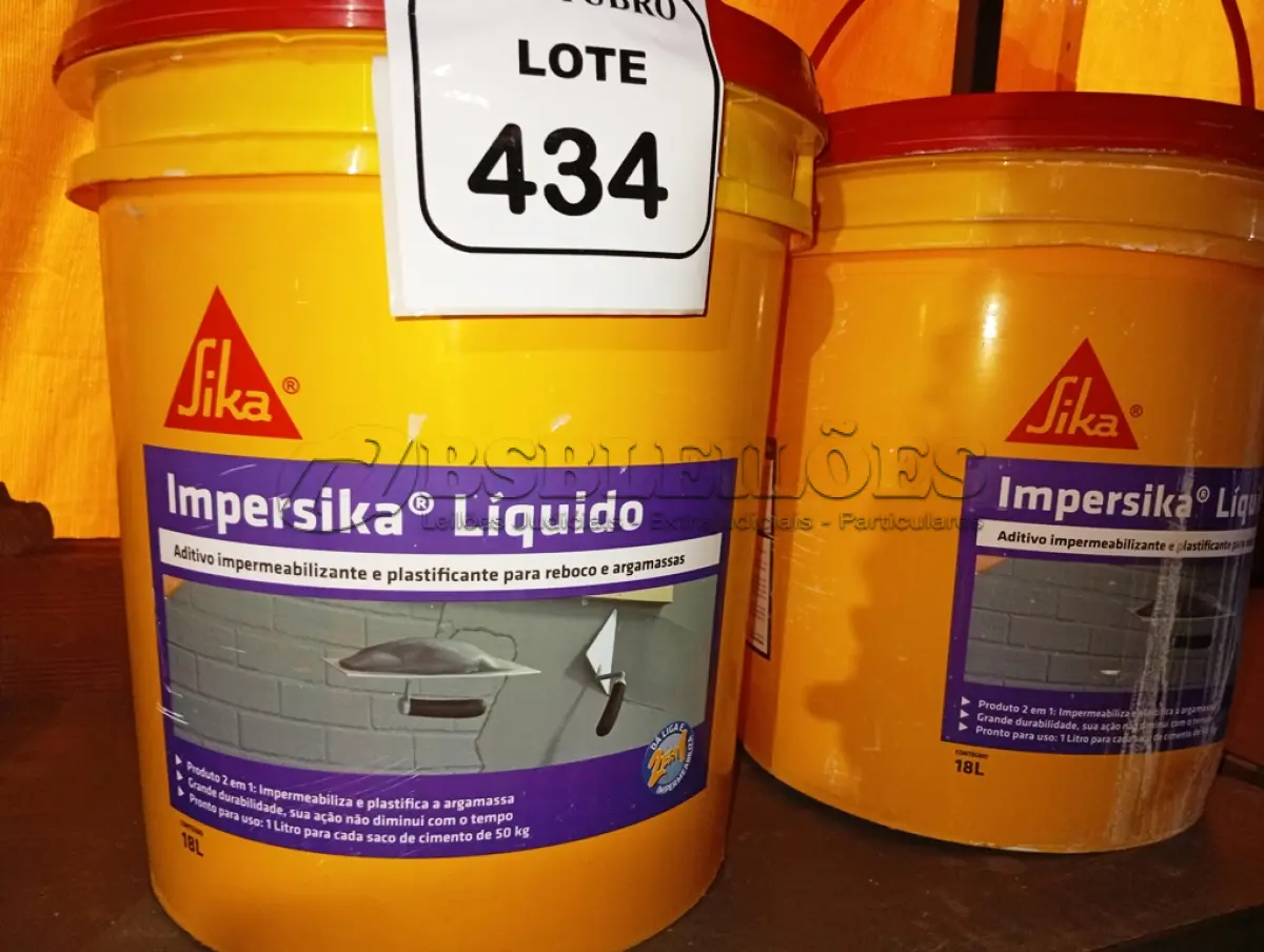LOTE 434 - 02 BALDES DE IMPERSIKA LIQUIDO ADITIVO IMPERMEABILIZANTE E PLASTIFICANTE P REBOCO E ARGAMASSA DE 18L CADA. (NO ESTADO) ATENÇÃO! FAZER A VISITAÇÃO ANTES DE ARREMATAR, NÃO SABEMOS SE FUNCIONA. LEILÃO NÃO TEM GARANTIA E NEM DEVOLUÇÃO, SUJEITO A POSSÍVEIS AVARIAS VISÍVEIS/OCULTAS E/OU AUSÊNCIA DE COMPONENTES.