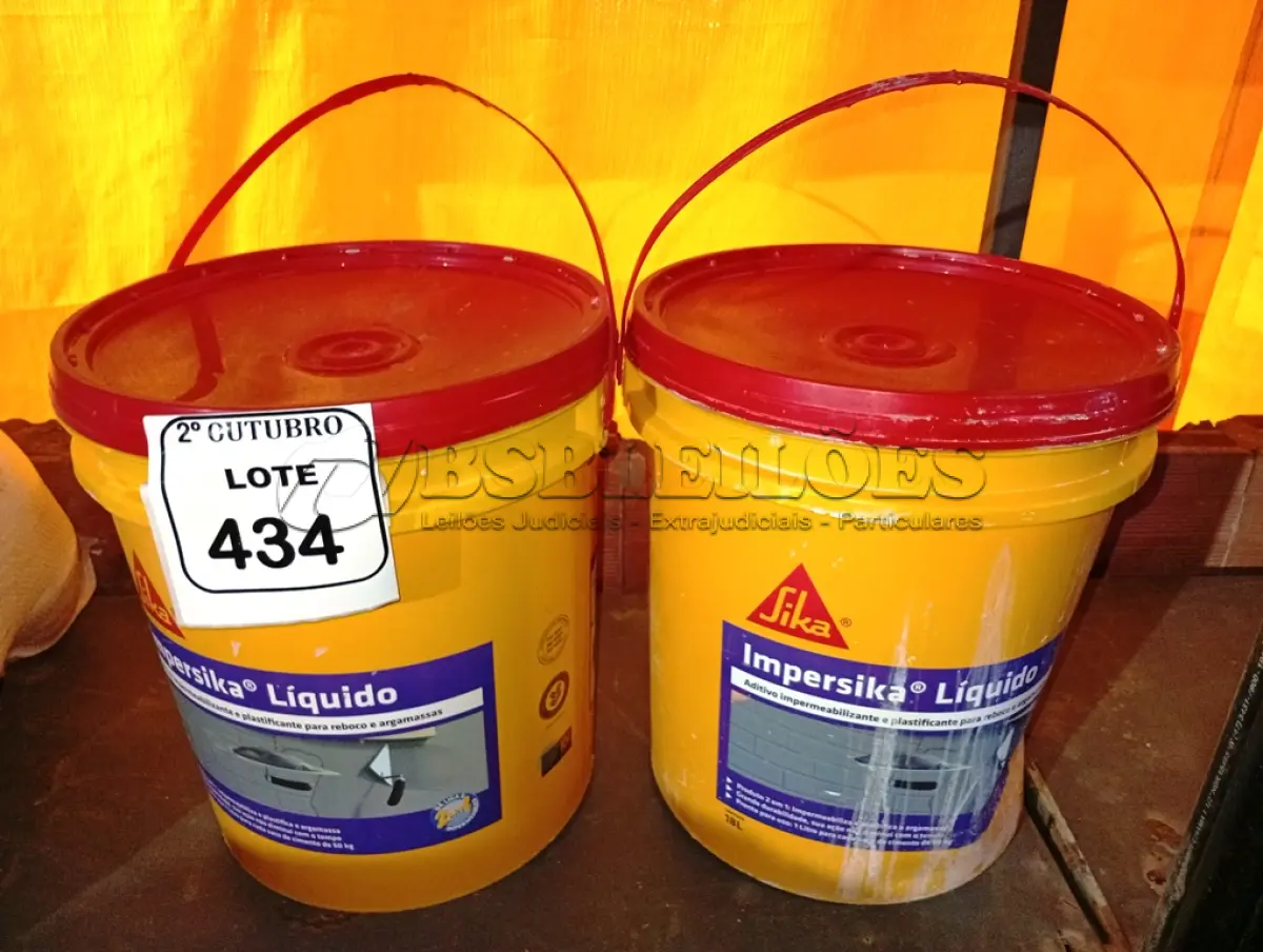 LOTE 434 - 02 BALDES DE IMPERSIKA LIQUIDO ADITIVO IMPERMEABILIZANTE E PLASTIFICANTE P REBOCO E ARGAMASSA DE 18L CADA. (NO ESTADO) ATENÇÃO! FAZER A VISITAÇÃO ANTES DE ARREMATAR, NÃO SABEMOS SE FUNCIONA. LEILÃO NÃO TEM GARANTIA E NEM DEVOLUÇÃO, SUJEITO A POSSÍVEIS AVARIAS VISÍVEIS/OCULTAS E/OU AUSÊNCIA DE COMPONENTES.