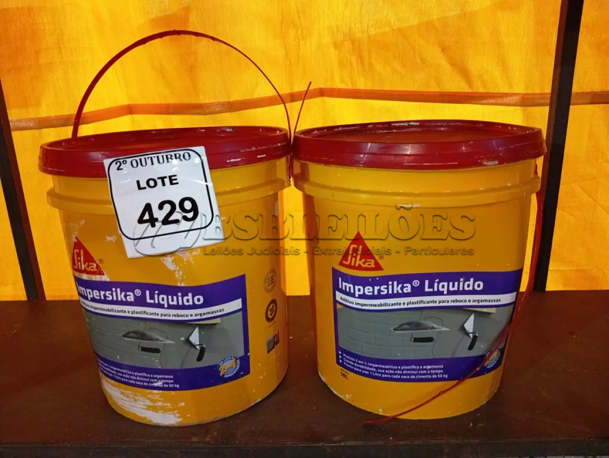 LOTE 429 - 02 BALDES DE IMPERSIKA LIQUIDO ADITIVO IMPERMEABILIZANTE E PLASTIFICANTE P REBOCO E ARGAMASSA DE 18L CADA. (NO ESTADO) ATENÇÃO! FAZER A VISITAÇÃO ANTES DE ARREMATAR, NÃO SABEMOS SE FUNCIONA. LEILÃO NÃO TEM GARANTIA E NEM DEVOLUÇÃO, SUJEITO A POSSÍVEIS AVARIAS VISÍVEIS/OCULTAS E/OU AUSÊNCIA DE COMPONENTES.