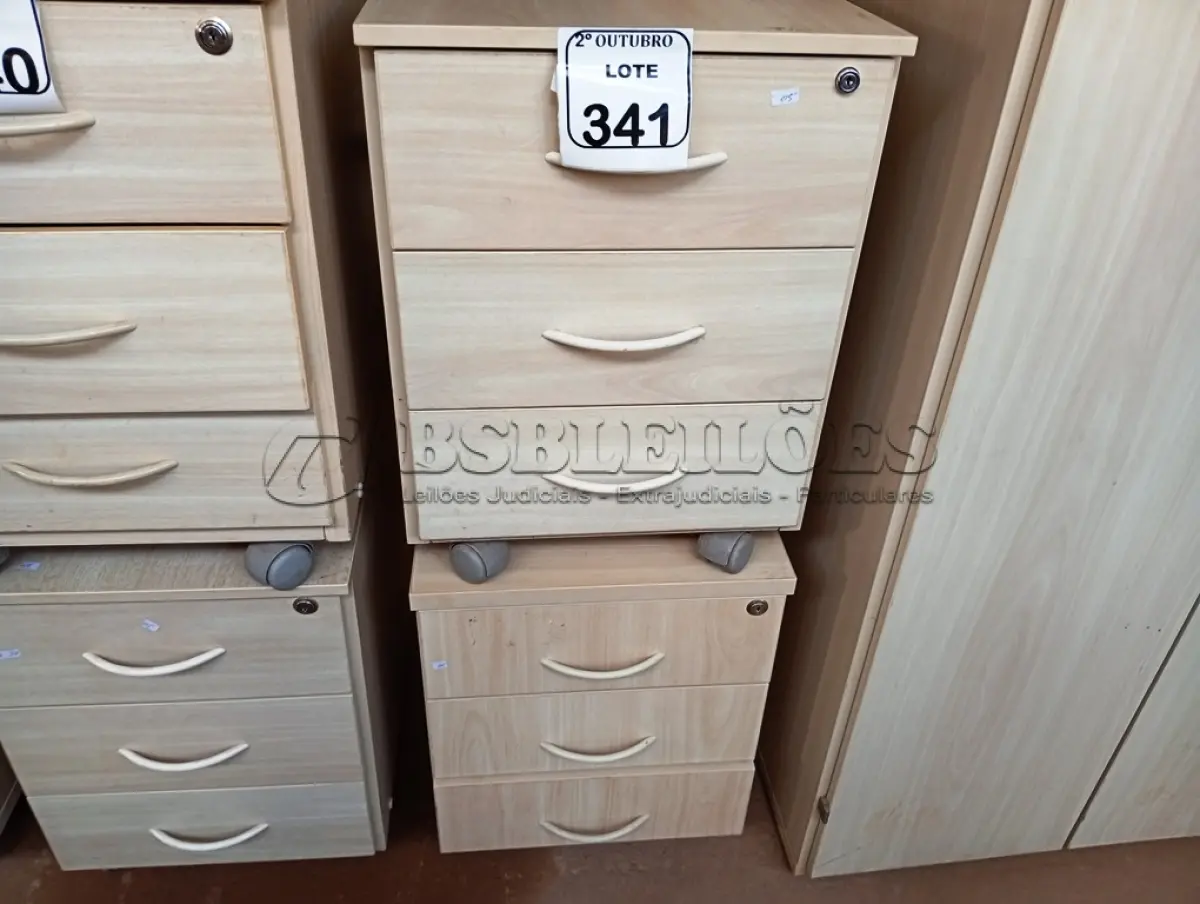 LOTE 341 - 02 GAVETEIROS COM 03 GAVETAS CADA. (NO ESTADO) ATENÇÃO! FAZER A VISITAÇÃO ANTES DE ARREMATAR, NÃO SABEMOS SE FUNCIONA. LEILÃO NÃO TEM GARANTIA E NEM DEVOLUÇÃO, SUJEITO A POSSÍVEIS AVARIAS VISÍVEIS/OCULTAS E/OU AUSÊNCIA DE COMPONENTES.