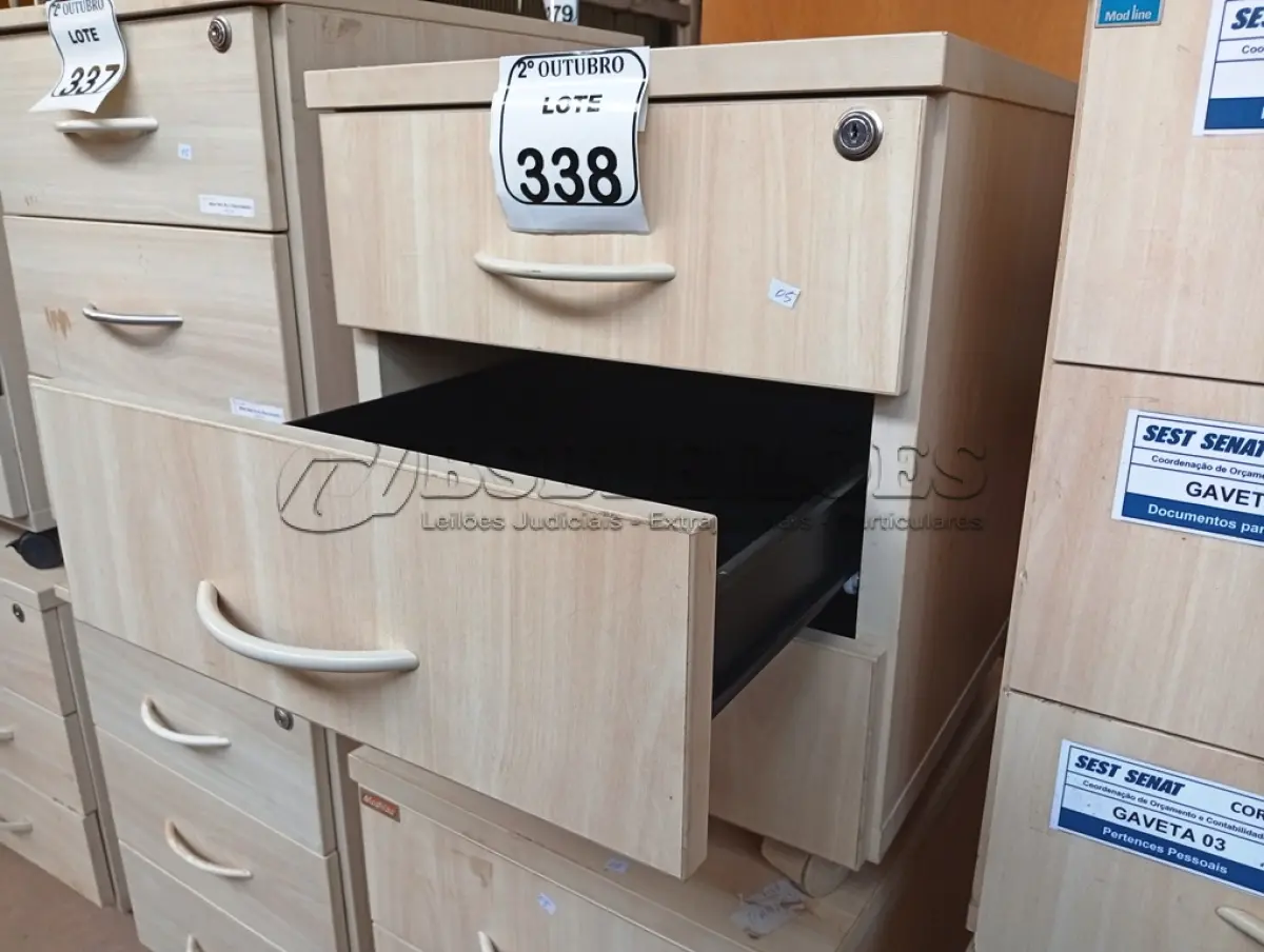 LOTE 338 - 02 GAVETEIROS COM 03 GAVETAS CADA. (NO ESTADO) ATENÇÃO! FAZER A VISITAÇÃO ANTES DE ARREMATAR, NÃO SABEMOS SE FUNCIONA. LEILÃO NÃO TEM GARANTIA E NEM DEVOLUÇÃO, SUJEITO A POSSÍVEIS AVARIAS VISÍVEIS/OCULTAS E/OU AUSÊNCIA DE COMPONENTES.