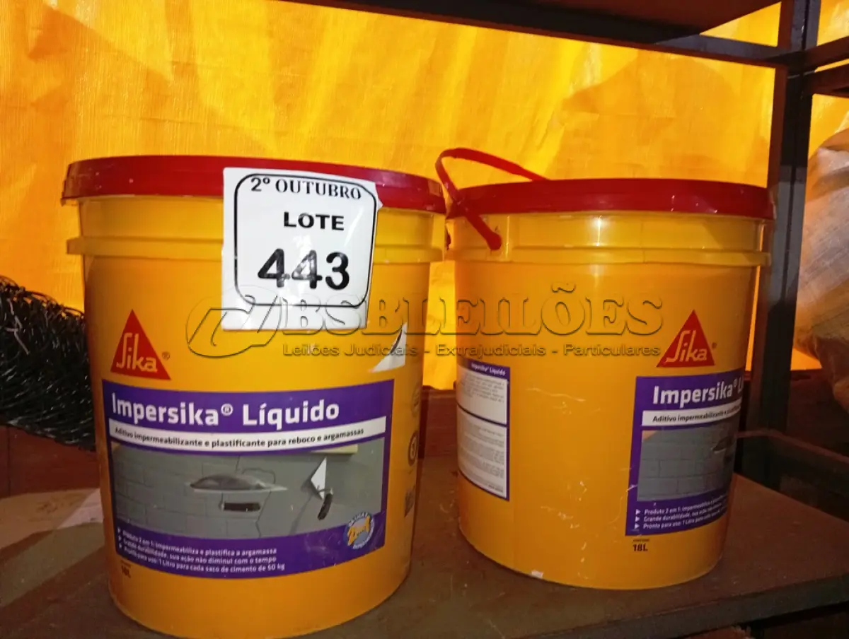 LOTE 443 - 02 BALDES DE IMPERSIKA LIQUIDO ADITIVO IMPERMEABILIZANTE E PLASTIFICANTE P REBOCO E ARGAMASSA DE 18L CADA. (NO ESTADO) ATENÇÃO! FAZER A VISITAÇÃO ANTES DE ARREMATAR, NÃO SABEMOS SE FUNCIONA. LEILÃO NÃO TEM GARANTIA E NEM DEVOLUÇÃO, SUJEITO A POSSÍVEIS AVARIAS VISÍVEIS/OCULTAS E/OU AUSÊNCIA DE COMPONENTES.
