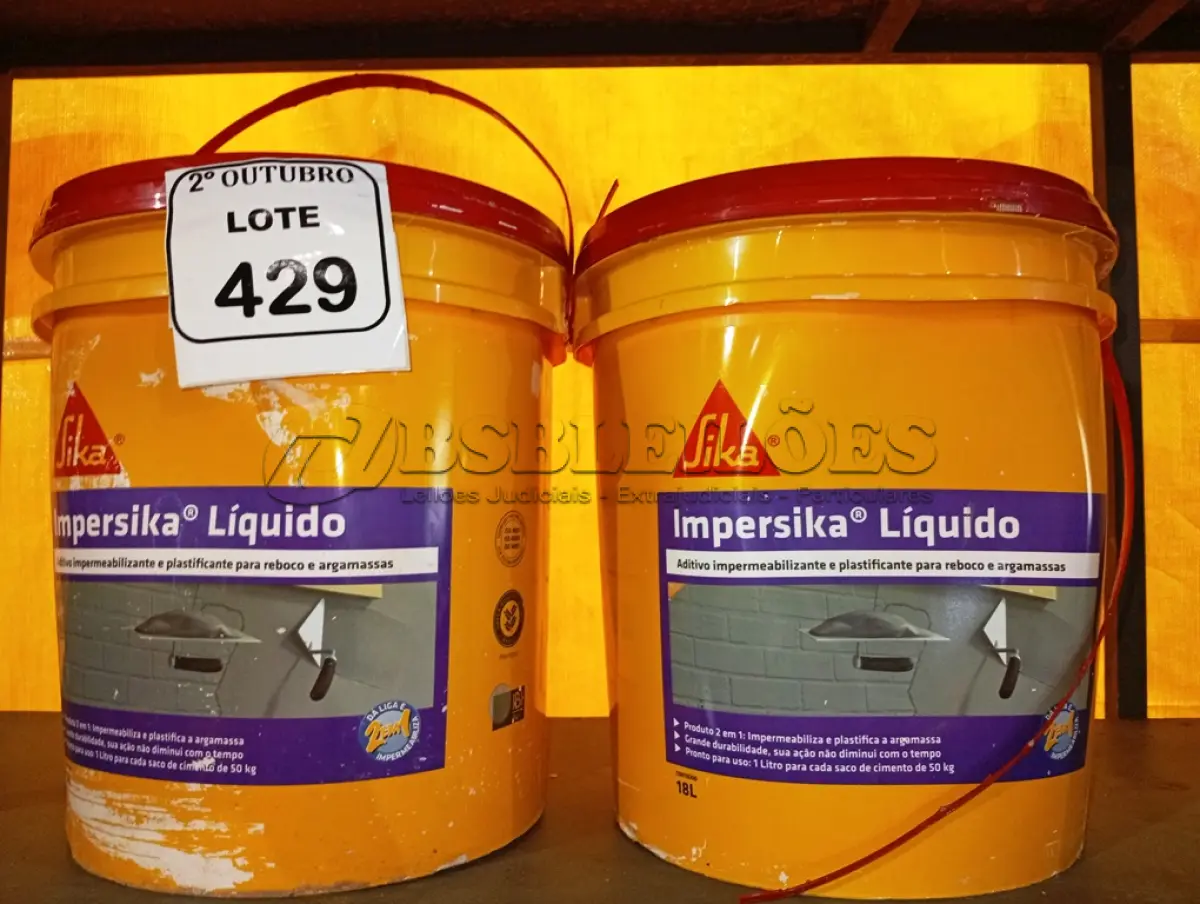 LOTE 429 - 02 BALDES DE IMPERSIKA LIQUIDO ADITIVO IMPERMEABILIZANTE E PLASTIFICANTE P REBOCO E ARGAMASSA DE 18L CADA. (NO ESTADO) ATENÇÃO! FAZER A VISITAÇÃO ANTES DE ARREMATAR, NÃO SABEMOS SE FUNCIONA. LEILÃO NÃO TEM GARANTIA E NEM DEVOLUÇÃO, SUJEITO A POSSÍVEIS AVARIAS VISÍVEIS/OCULTAS E/OU AUSÊNCIA DE COMPONENTES.