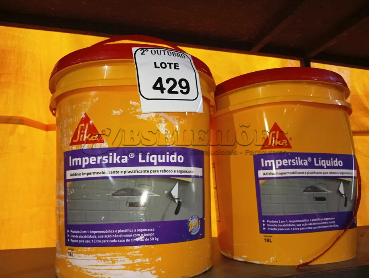LOTE 429 - 02 BALDES DE IMPERSIKA LIQUIDO ADITIVO IMPERMEABILIZANTE E PLASTIFICANTE P REBOCO E ARGAMASSA DE 18L CADA. (NO ESTADO) ATENÇÃO! FAZER A VISITAÇÃO ANTES DE ARREMATAR, NÃO SABEMOS SE FUNCIONA. LEILÃO NÃO TEM GARANTIA E NEM DEVOLUÇÃO, SUJEITO A POSSÍVEIS AVARIAS VISÍVEIS/OCULTAS E/OU AUSÊNCIA DE COMPONENTES.