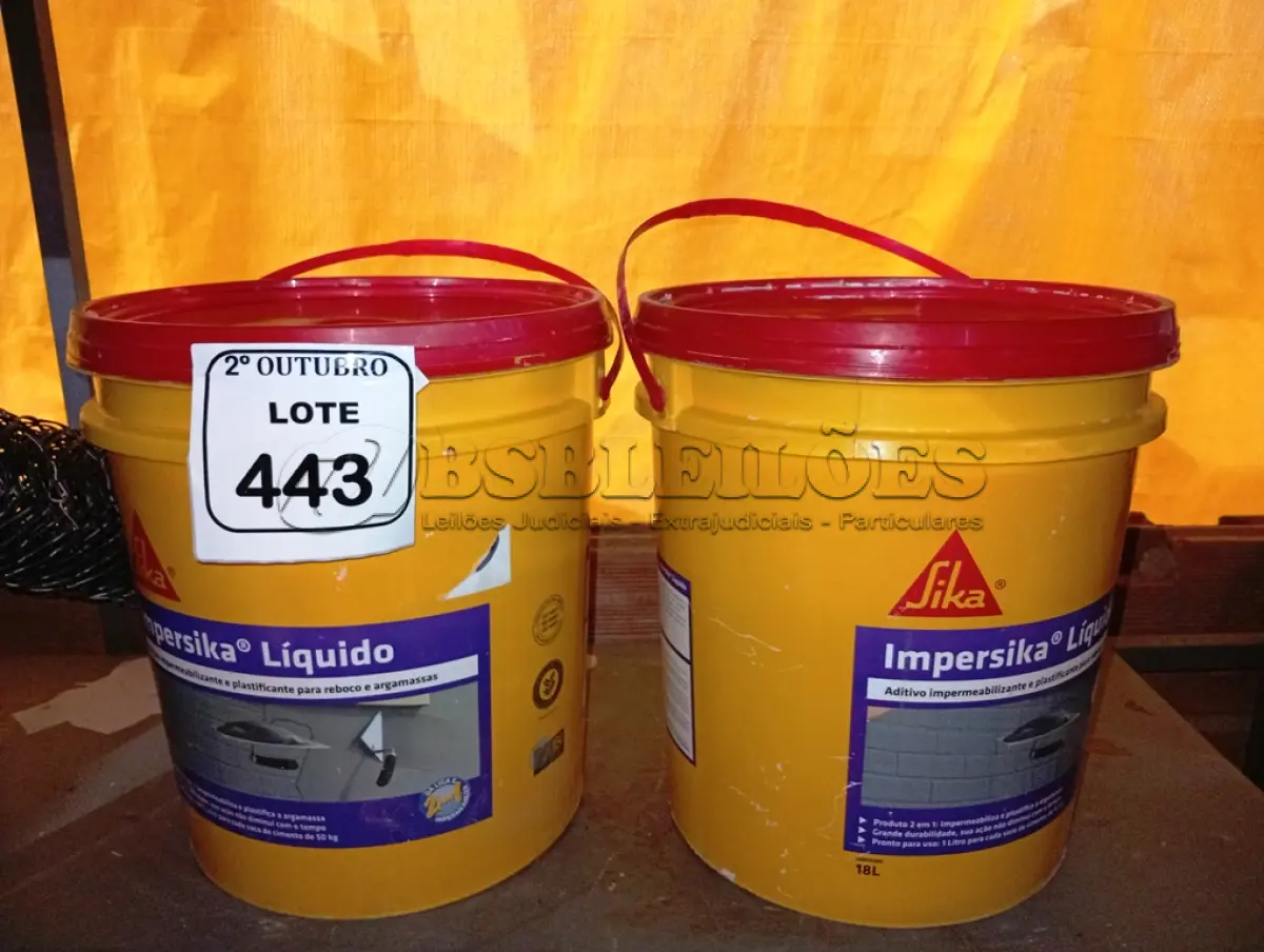 LOTE 443 - 02 BALDES DE IMPERSIKA LIQUIDO ADITIVO IMPERMEABILIZANTE E PLASTIFICANTE P REBOCO E ARGAMASSA DE 18L CADA. (NO ESTADO) ATENÇÃO! FAZER A VISITAÇÃO ANTES DE ARREMATAR, NÃO SABEMOS SE FUNCIONA. LEILÃO NÃO TEM GARANTIA E NEM DEVOLUÇÃO, SUJEITO A POSSÍVEIS AVARIAS VISÍVEIS/OCULTAS E/OU AUSÊNCIA DE COMPONENTES.