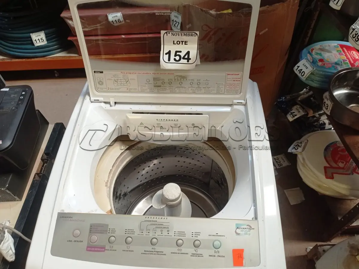 LOTE 154 - 01 MÁQUINA DE LAVAR BRASTEMP 08KG. (NO ESTADO) ATENÇÃO! FAZER A VISITAÇÃO ANTES DE ARREMATAR, NÃO SABEMOS SE FUNCIONA. LEILÃO NÃO TEM GARANTIA E NEM DEVOLUÇÃO, SUJEITO A POSSÍVEIS AVARIAS VISÍVEIS/OCULTAS E/OU AUSÊNCIA DE COMPONENTES.