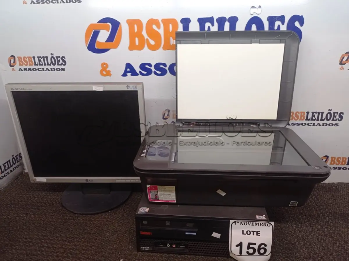 LOTE 156 - 01 CPU LENOVO, 01 MONITOR LG E IMPRESSORA HP. (NO ESTADO) ATENÇÃO! FAZER A VISITAÇÃO ANTES DE ARREMATAR, NÃO SABEMOS SE FUNCIONA. LEILÃO NÃO TEM GARANTIA E NEM DEVOLUÇÃO, SUJEITO A POSSÍVEIS AVARIAS VISÍVEIS/OCULTAS E/OU AUSÊNCIA DE COMPONENTES.