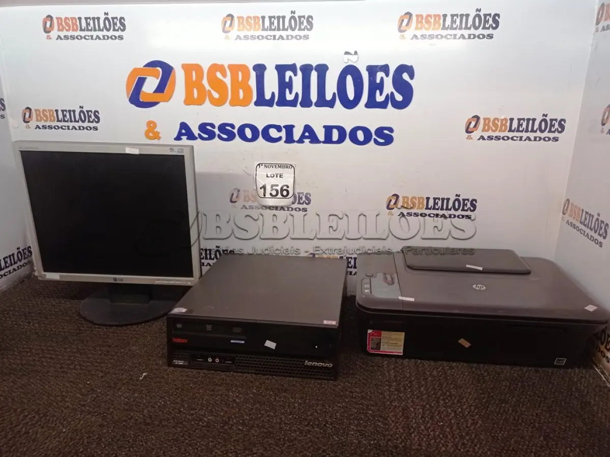 LOTE 156 - 01 CPU LENOVO, 01 MONITOR LG E IMPRESSORA HP. (NO ESTADO) ATENÇÃO! FAZER A VISITAÇÃO ANTES DE ARREMATAR, NÃO SABEMOS SE FUNCIONA. LEILÃO NÃO TEM GARANTIA E NEM DEVOLUÇÃO, SUJEITO A POSSÍVEIS AVARIAS VISÍVEIS/OCULTAS E/OU AUSÊNCIA DE COMPONENTES.