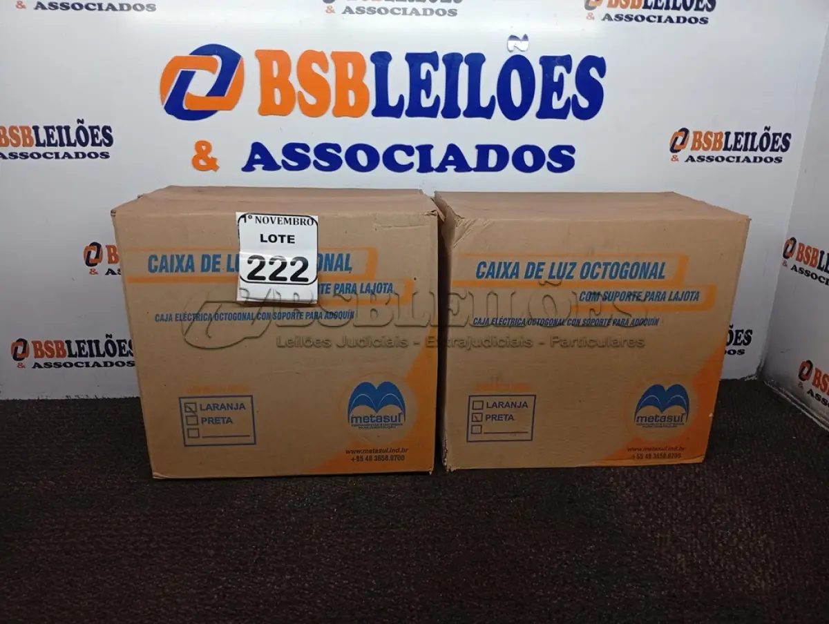 LOTE 222 - 02 CAIXAS DE LUZ OCTOGONAL. (NO ESTADO) ATENÇÃO! FAZER A VISITAÇÃO ANTES DE ARREMATAR, NÃO SABEMOS SE FUNCIONA. LEILÃO NÃO TEM GARANTIA E NEM DEVOLUÇÃO, SUJEITO A POSSÍVEIS AVARIAS VISÍVEIS/OCULTAS E/OU AUSÊNCIA DE COMPONENTES.