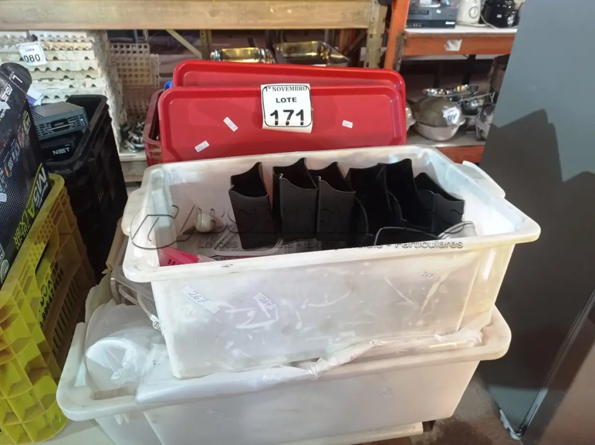 LOTE 171 - 01 LOTE C/VÁRIAS BANDEJAS DE PLÁSTICO E UTENSÍLIOS DIVERSOS. (NO ESTADO) ATENÇÃO! FAZER A VISITAÇÃO ANTES DE ARREMATAR, NÃO SABEMOS SE FUNCIONA. LEILÃO NÃO TEM GARANTIA E NEM DEVOLUÇÃO, SUJEITO A POSSÍVEIS AVARIAS VISÍVEIS/OCULTAS E/OU AUSÊNCIA DE COMPONENTES.