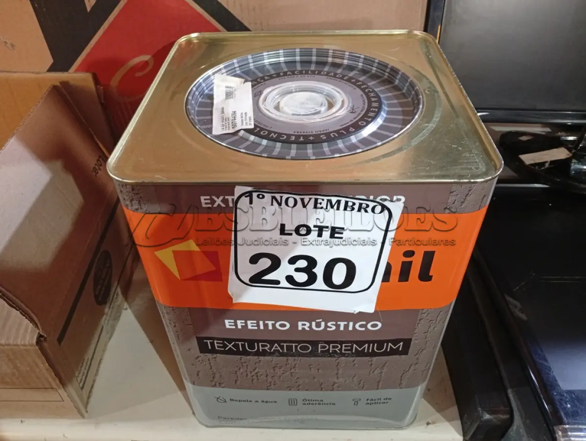 LOTE 230 - 01 LATA DE TINTA TEXTURATTO PREMIUM EFEITO RÚSTICO INTERIOR/EXTERIOR SUVINIL 25KG. (NO ESTADO) ATENÇÃO! FAZER A VISITAÇÃO ANTES DE ARREMATAR, NÃO SABEMOS SE FUNCIONA. LEILÃO NÃO TEM GARANTIA E NEM DEVOLUÇÃO, SUJEITO A POSSÍVEIS AVARIAS VISÍVEIS/OCULTAS E/OU AUSÊNCIA DE COMPONENTES.