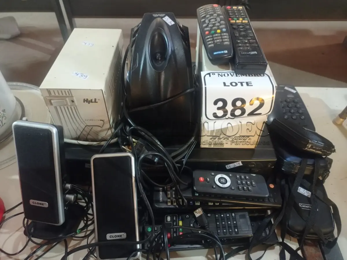 LOTE 382 - 01 VíDEO CASSETE, 03 ESTABILIZADORES, 03 MAQUINAS FOTOGRÁFICAS, 01 APARELHO DE TELEFONE E DIVERSOS CONTROLES REMOTOS MARCAS E MODELOS DIVERSOS.  (NO ESTADO) ATENÇÃO! FAZER A VISITAÇÃO ANTES DE ARREMATAR, NÃO SABEMOS SE FUNCIONA. LEILÃO NÃO TEM GARANTIA E NEM DEVOLUÇÃO, SUJEITO A POSSÍVEIS AVARIAS VISÍVEIS/OCULTAS E/OU AUSÊNCIA DE COMPONENTES.