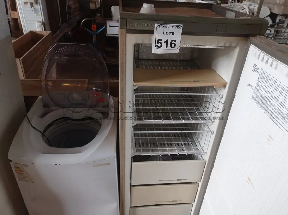LOTE 516 - 01 MÁQUINA DE LAVAR ROUPAS ELECTROLUX E 01 GELADEIRA PROSDÓCIMO. (NO ESTADO) ATENÇÃO! FAZER A VISITAÇÃO ANTES DE ARREMATAR, NÃO SABEMOS SE FUNCIONA. LEILÃO NÃO TEM GARANTIA E NEM DEVOLUÇÃO, SUJEITO A POSSÍVEIS AVARIAS VISÍVEIS/OCULTAS E/OU AUSÊNCIA DE COMPONENTES.