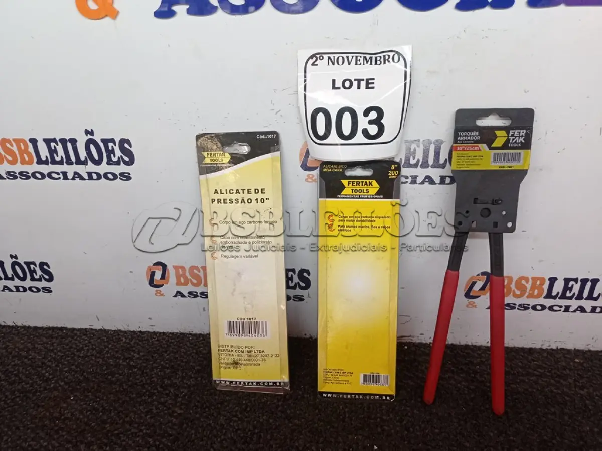 LOTE 003 - 01 ALICATE DE PRESSÃO 10, 01 TORQUE ARMADOR E 01 ALICATE DE BICO MEIA CANA MARCA FERTAK (NOVO). (NO ESTADO) ATENÇÃO! FAZER A VISITAÇÃO ANTES DE ARREMATAR, NÃO SABEMOS SE FUNCIONA. LEILÃO NÃO TEM GARANTIA E NEM DEVOLUÇÃO, SUJEITO A POSSÍVEIS AVARIAS VISÍVEIS/OCULTAS E/OU AUSÊNCIA DE COMPONENTES.