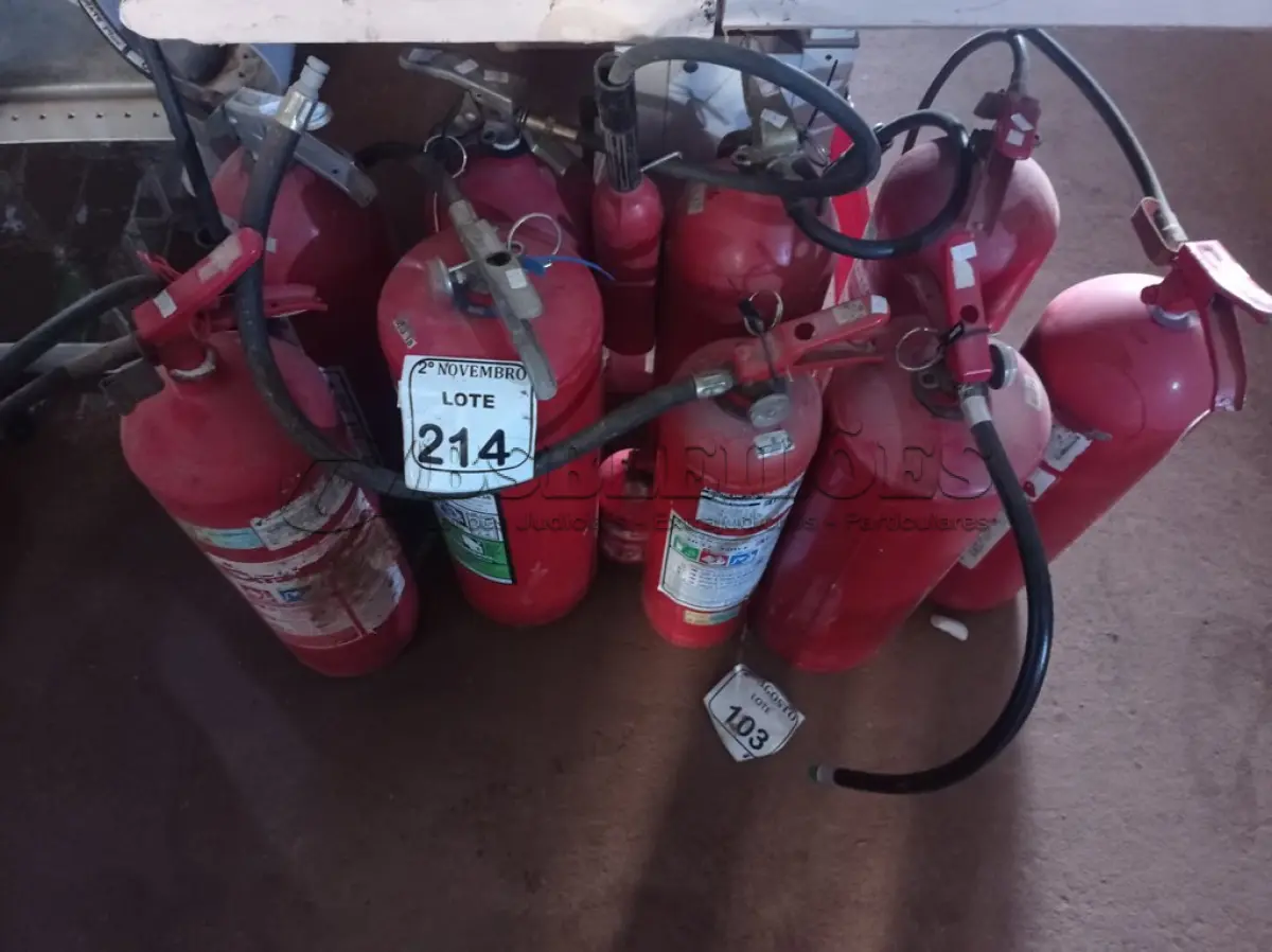 LOTE 214 - 10 EXTINTORES DE INCÊNDIO MODELOS DIVERSOS. (NO ESTADO) ATENÇÃO! FAZER A VISITAÇÃO ANTES DE ARREMATAR, NÃO SABEMOS SE FUNCIONA. LEILÃO NÃO TEM GARANTIA E NEM DEVOLUÇÃO, SUJEITO A POSSÍVEIS AVARIAS VISÍVEIS/OCULTAS E/OU AUSÊNCIA DE COMPONENTES.