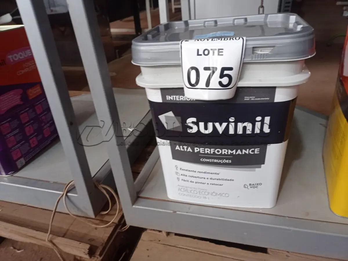 LOTE 075 - 01 GALÃO DE TINTA FOSCO BRANCO 18L MARCA SUVINIL(NOVO). (NO ESTADO) ATENÇÃO! FAZER A VISITAÇÃO ANTES DE ARREMATAR, NÃO SABEMOS SE FUNCIONA. LEILÃO NÃO TEM GARANTIA E NEM DEVOLUÇÃO, SUJEITO A POSSÍVEIS AVARIAS VISÍVEIS/OCULTAS E/OU AUSÊNCIA DE COMPONENTES.