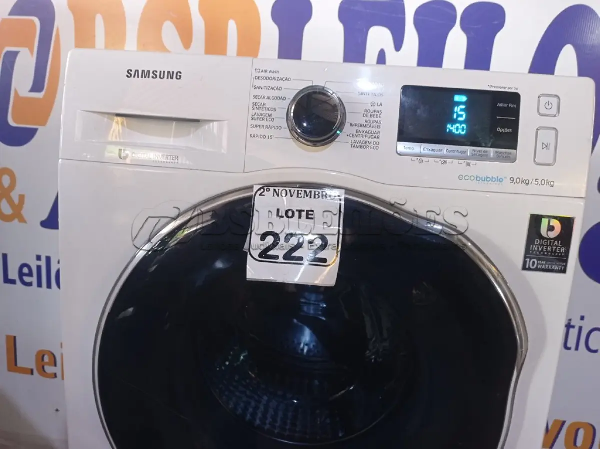 LOTE 222 - 01 LAVA E SECA MARCA SAMSUNG 9KG 220V. (NO ESTADO) ATENÇÃO! FAZER A VISITAÇÃO ANTES DE ARREMATAR, NÃO SABEMOS SE FUNCIONA. LEILÃO NÃO TEM GARANTIA E NEM DEVOLUÇÃO, SUJEITO A POSSÍVEIS AVARIAS VISÍVEIS/OCULTAS E/OU AUSÊNCIA DE COMPONENTES.