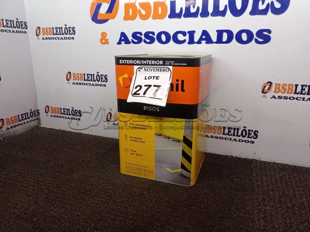 LOTE 277 - 01 LATA DE TINTA PARA PISO CINZA FOSCO ESCURO MARCA SUVINIL 18L(NOVO). (NO ESTADO) ATENÇÃO! FAZER A VISITAÇÃO ANTES DE ARREMATAR, NÃO SABEMOS SE FUNCIONA. LEILÃO NÃO TEM GARANTIA E NEM DEVOLUÇÃO, SUJEITO A POSSÍVEIS AVARIAS VISÍVEIS/OCULTAS E/OU AUSÊNCIA DE COMPONENTES.