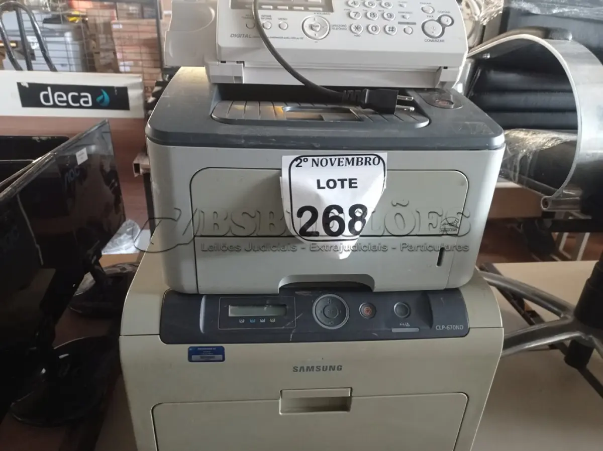 LOTE 268 - 03 IMPRESSORAS MARCAS E MODELOS DIVERSOS SENDO UMA COLORIDA E 02 APARELHOS DE FAX MARCAS E MODELOS DIVERSOS. (NO ESTADO) ATENÇÃO! FAZER A VISITAÇÃO ANTES DE ARREMATAR, NÃO SABEMOS SE FUNCIONA. LEILÃO NÃO TEM GARANTIA E NEM DEVOLUÇÃO, SUJEITO A POSSÍVEIS AVARIAS VISÍVEIS/OCULTAS E/OU AUSÊNCIA DE COMPONENTES.