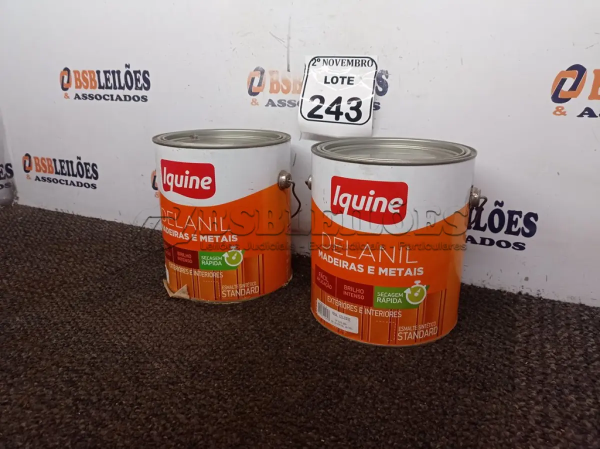LOTE 243 - 01 LATA DE TINTA P/MADEIRAS E METAIS NA COR AREIA 3,6L MARCA IQUINE E 01 LATA DE TINTA P/MADEIRAS E METAIS NA COR AZUL CELESTE3,6L MARCA IQUINE (NOVO). (NO ESTADO) ATENÇÃO! FAZER A VISITAÇÃO ANTES DE ARREMATAR, NÃO SABEMOS SE FUNCIONA. LEILÃO NÃO TEM GARANTIA E NEM DEVOLUÇÃO, SUJEITO A POSSÍVEIS AVARIAS VISÍVEIS/OCULTAS E/OU AUSÊNCIA DE COMPONENTES.