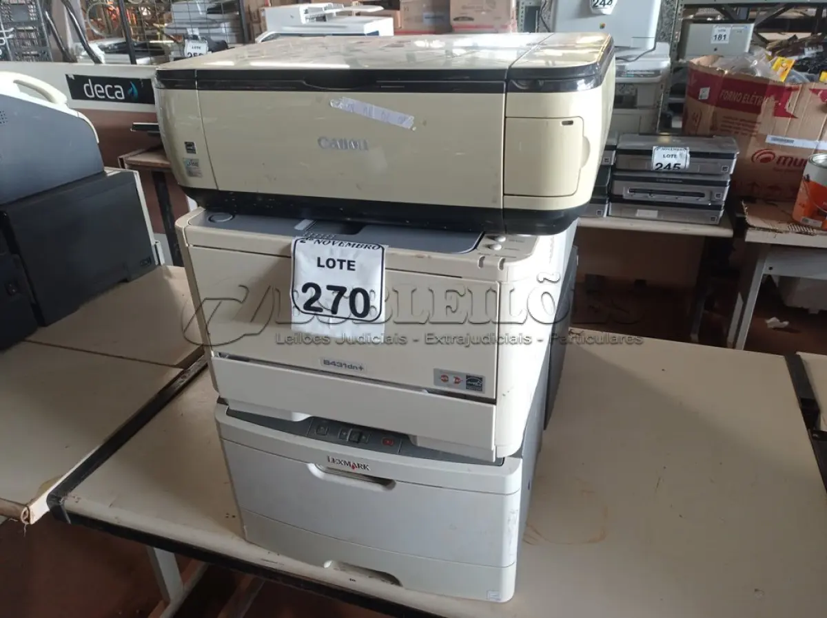 LOTE 270 - 05 IMPRESSORAS MARCAS E MODELOS DIVERSOS. (NO ESTADO) ATENÇÃO! FAZER A VISITAÇÃO ANTES DE ARREMATAR, NÃO SABEMOS SE FUNCIONA. LEILÃO NÃO TEM GARANTIA E NEM DEVOLUÇÃO, SUJEITO A POSSÍVEIS AVARIAS VISÍVEIS/OCULTAS E/OU AUSÊNCIA DE COMPONENTES.