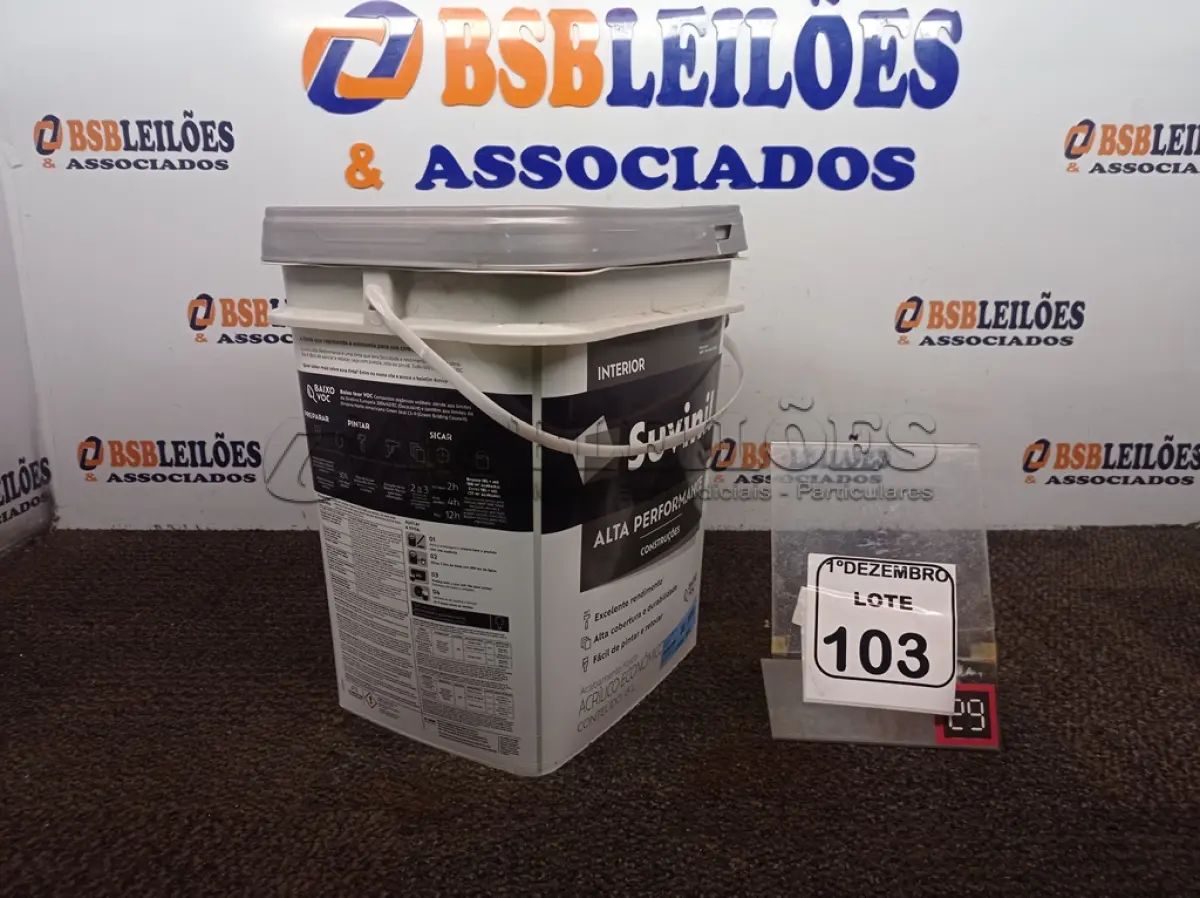 LOTE 103 - 01 BALDE DE TINTA BRANCO FOSCO MARCA SUVINIL 18L.(NOVO) (VALIDADE 09/2027)(NO ESTADO) ATENÇÃO! FAZER A VISITAÇÃO ANTES DE ARREMATAR, NÃO SABEMOS SE FUNCIONA. LEILÃO NÃO TEM GARANTIA E NEM DEVOLUÇÃO, SUJEITO A POSSÍVEIS AVARIAS VISÍVEIS/OCULTAS E/OU AUSÊNCIA DE COMPONENTES.
