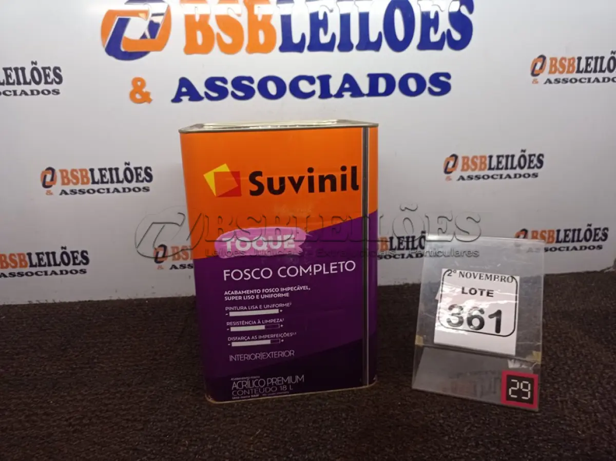 LOTE 361 - 01 LATA DE TINTA FOSCO BRANCO NEVE 18L MARCA SUVINIL(NOVO). (NO ESTADO) ATENÇÃO! FAZER A VISITAÇÃO ANTES DE ARREMATAR, NÃO SABEMOS SE FUNCIONA. LEILÃO NÃO TEM GARANTIA E NEM DEVOLUÇÃO, SUJEITO A POSSÍVEIS AVARIAS VISÍVEIS/OCULTAS E/OU AUSÊNCIA DE COMPONENTES.