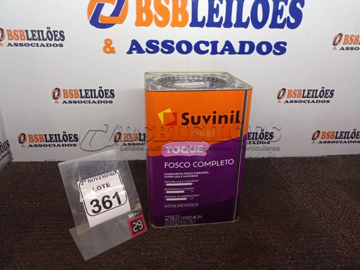 LOTE 361 - 01 LATA DE TINTA FOSCO BRANCO NEVE 18L MARCA SUVINIL(NOVO). (NO ESTADO) ATENÇÃO! FAZER A VISITAÇÃO ANTES DE ARREMATAR, NÃO SABEMOS SE FUNCIONA. LEILÃO NÃO TEM GARANTIA E NEM DEVOLUÇÃO, SUJEITO A POSSÍVEIS AVARIAS VISÍVEIS/OCULTAS E/OU AUSÊNCIA DE COMPONENTES.