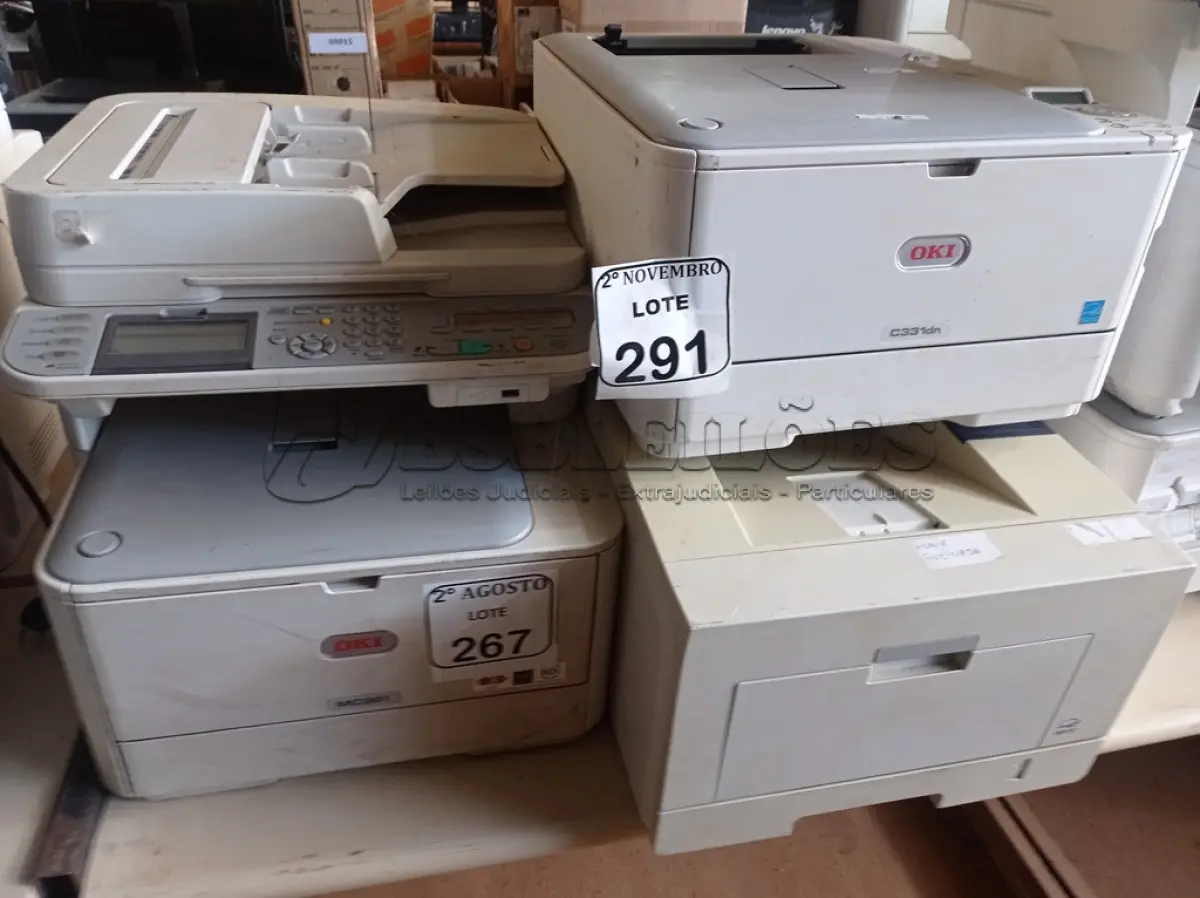 LOTE 291 - 04 IMPRESSORAS MARCAS E MODELOS DIVERSOS SENDO UMA MULTIFUNCIONAL. (NO ESTADO) ATENÇÃO! FAZER A VISITAÇÃO ANTES DE ARREMATAR, NÃO SABEMOS SE FUNCIONA. LEILÃO NÃO TEM GARANTIA E NEM DEVOLUÇÃO, SUJEITO A POSSÍVEIS AVARIAS VISÍVEIS/OCULTAS E/OU AUSÊNCIA DE COMPONENTES.
