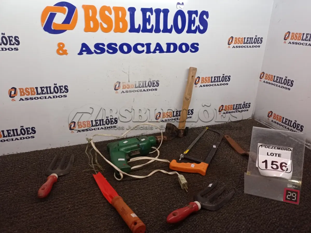 LOTE 156 - 01 MACHADINHA CABO DE MADEIRA, 02 GAFOS P/JARDINAGEM, 01 FURADEIRA E MATERIAIS DIVERSOS. (NO ESTADO) ATENÇÃO! FAZER A VISITAÇÃO ANTES DE ARREMATAR, NÃO SABEMOS SE FUNCIONA. LEILÃO NÃO TEM GARANTIA E NEM DEVOLUÇÃO, SUJEITO A POSSÍVEIS AVARIAS VISÍVEIS/OCULTAS E/OU AUSÊNCIA DE COMPONENTES.